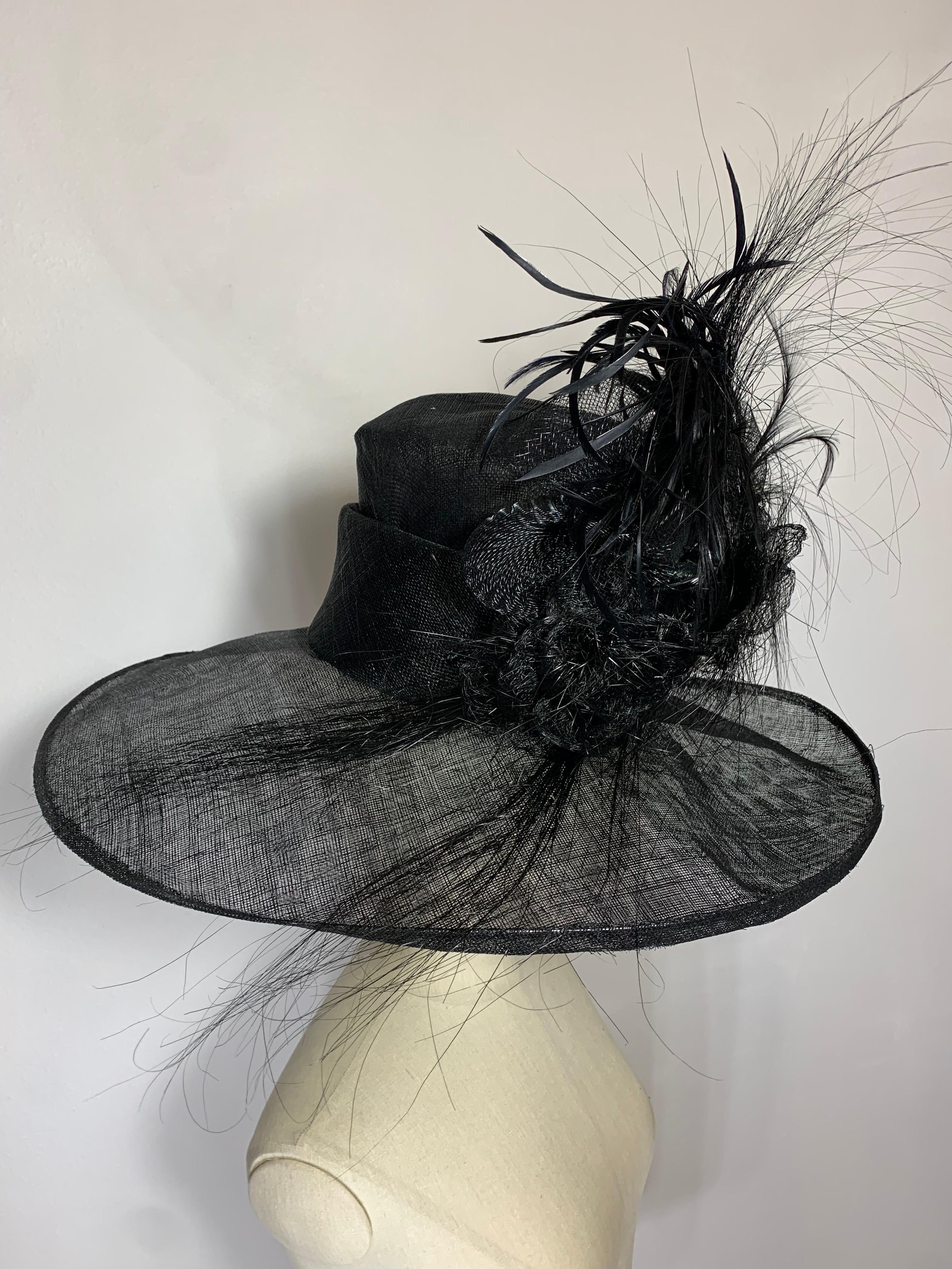 Maison Michel Spring/Summer Custom Made Black Straw Wide Brim Hat w Huge Feather For Sale 3