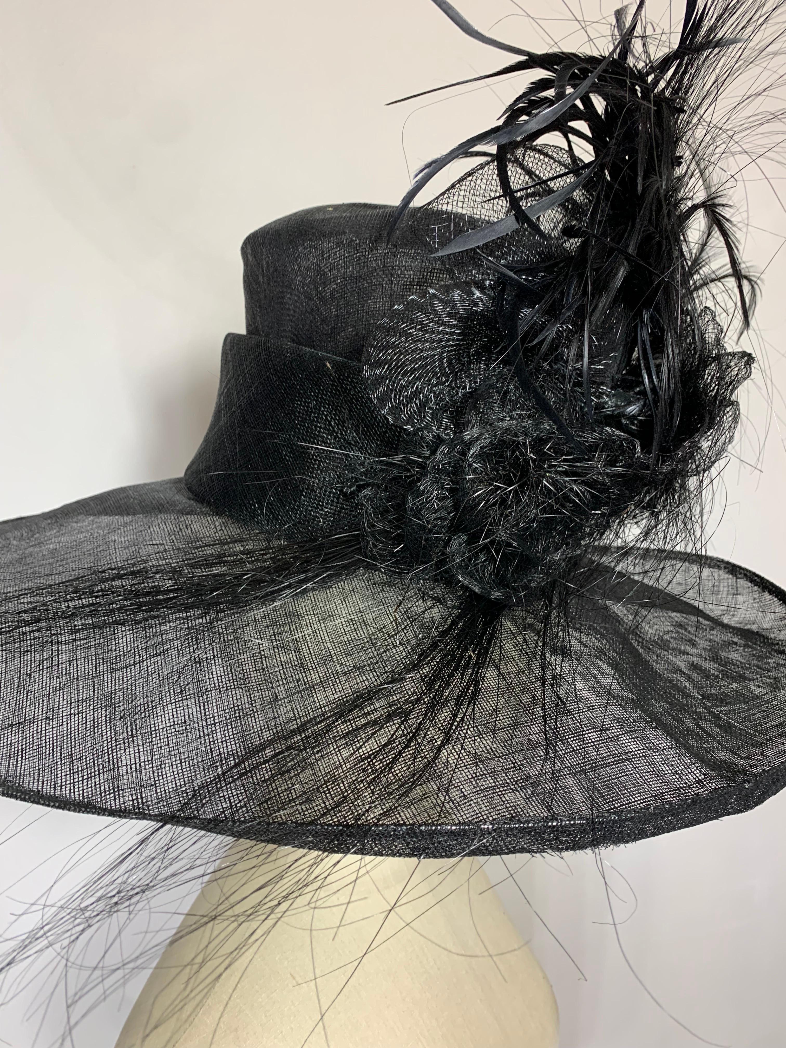 Maison Michel Spring/Summer Custom Made Black Straw Wide Brim Hat w Huge Feather For Sale 4