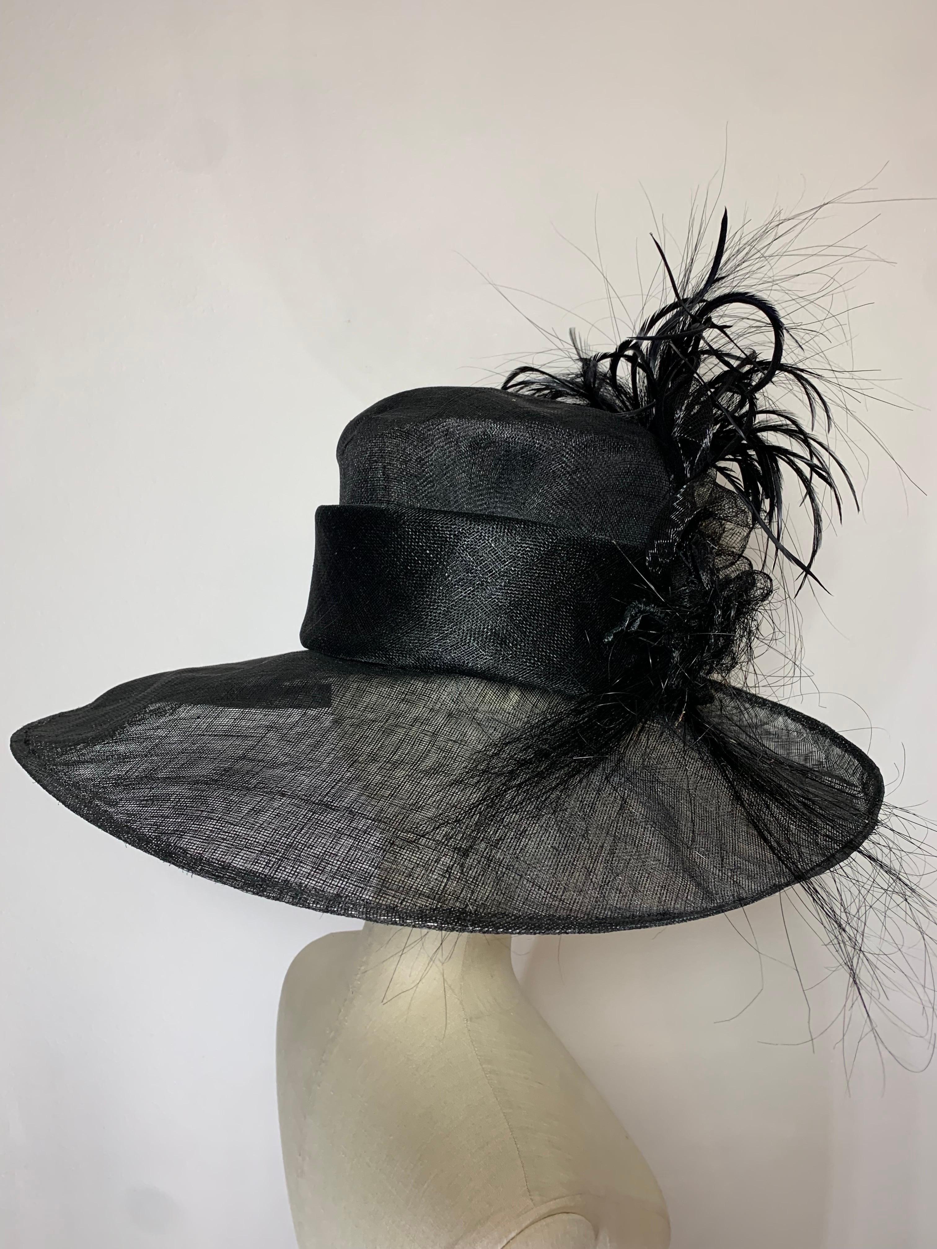 Maison Michel Spring/Summer Custom Made Black Straw Wide Brim Hat w Huge Feather For Sale 5