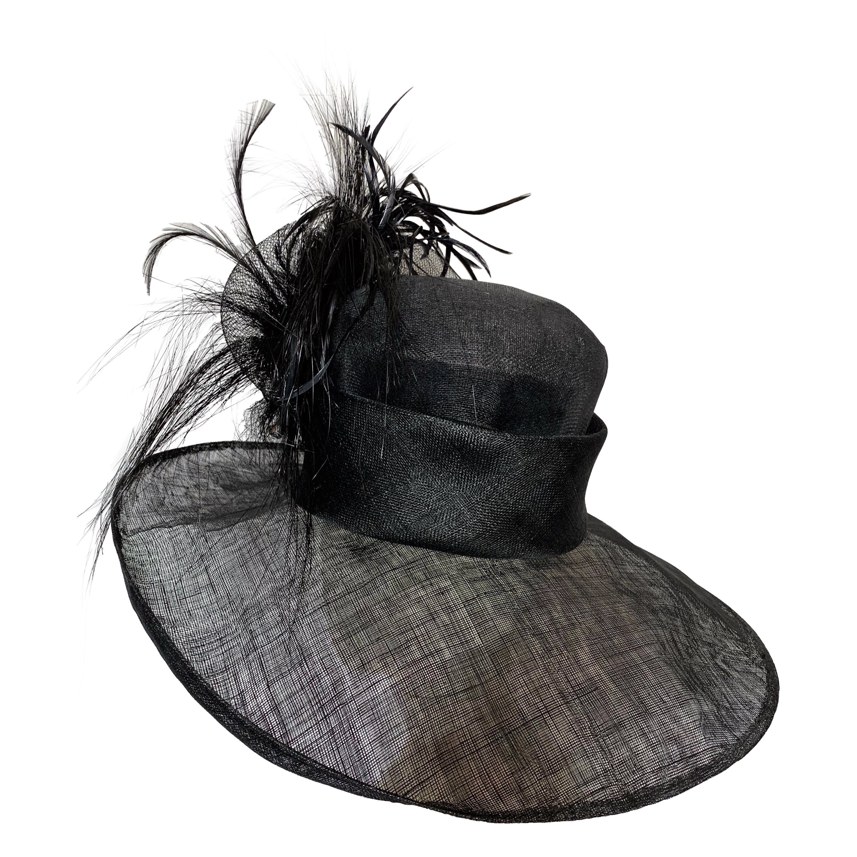 Maison Michel Sombrero de paja negro de ala ancha con gran pluma, primavera/verano, hecho a medida