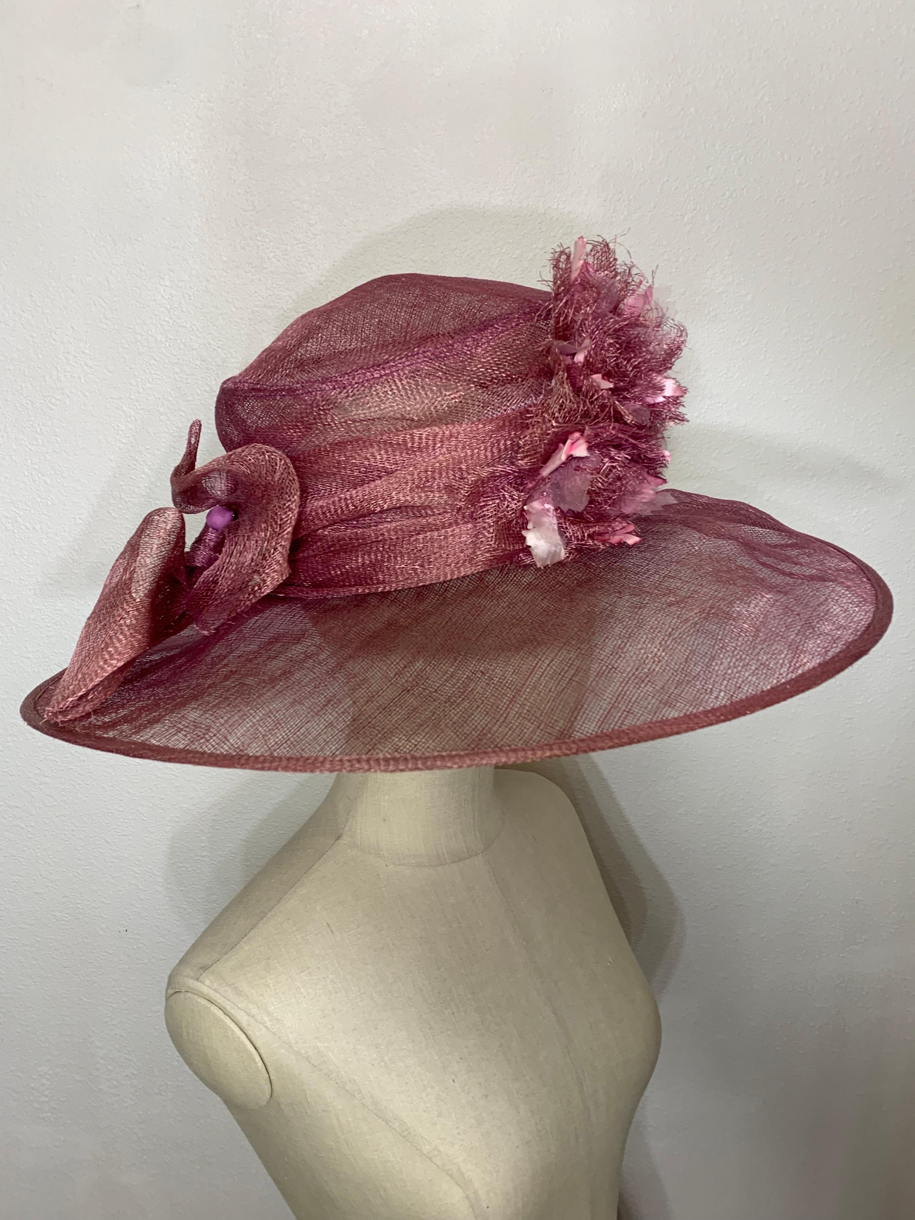 Maison Michel Spring/Summer Mauve Sheer Straw Cartwheel Wide Brim Hat w Flowers For Sale 6