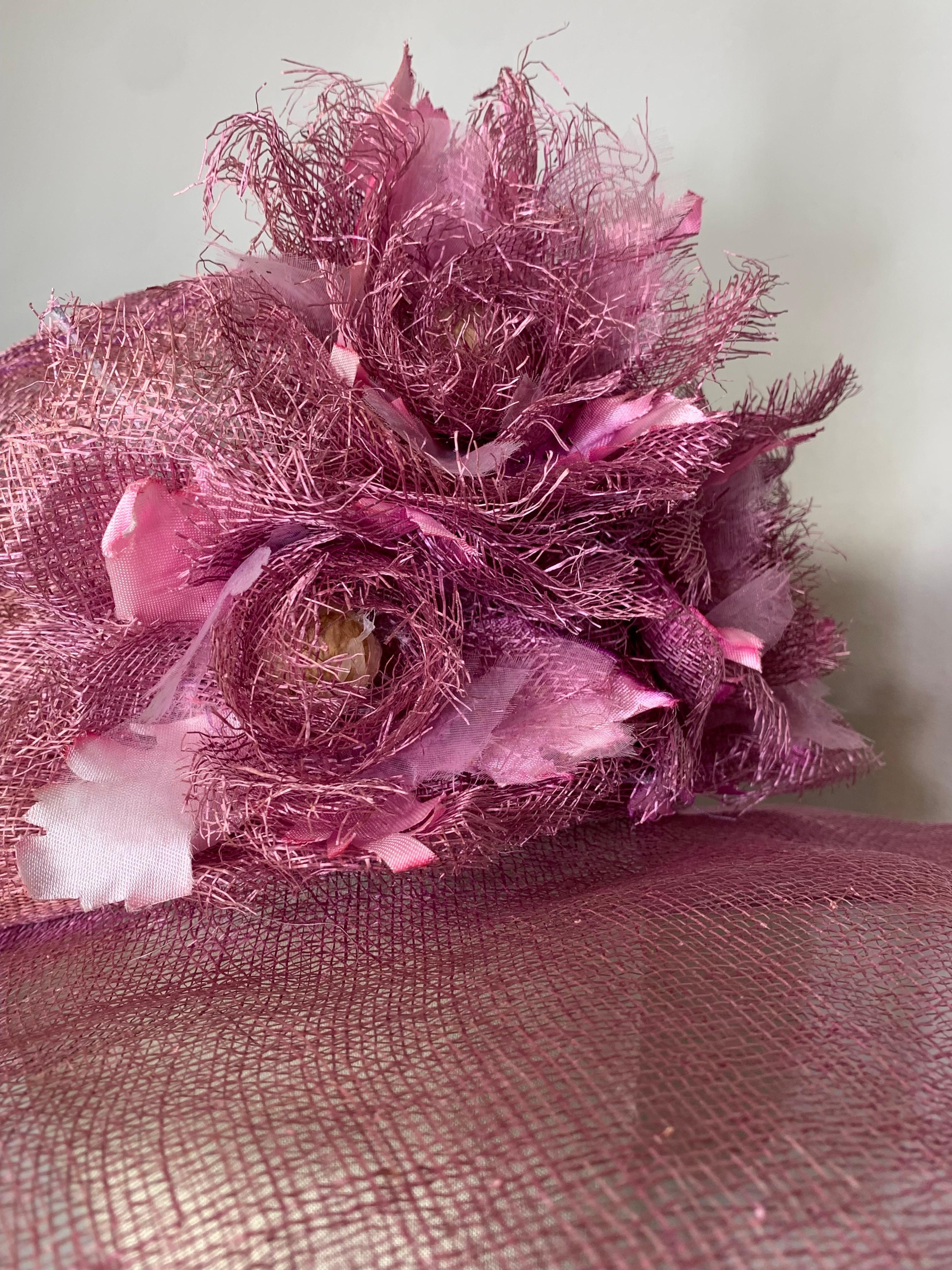 Maison Michel, chapeau de chariot à large bord mauve avec fleurs, printemps/été en vente 7