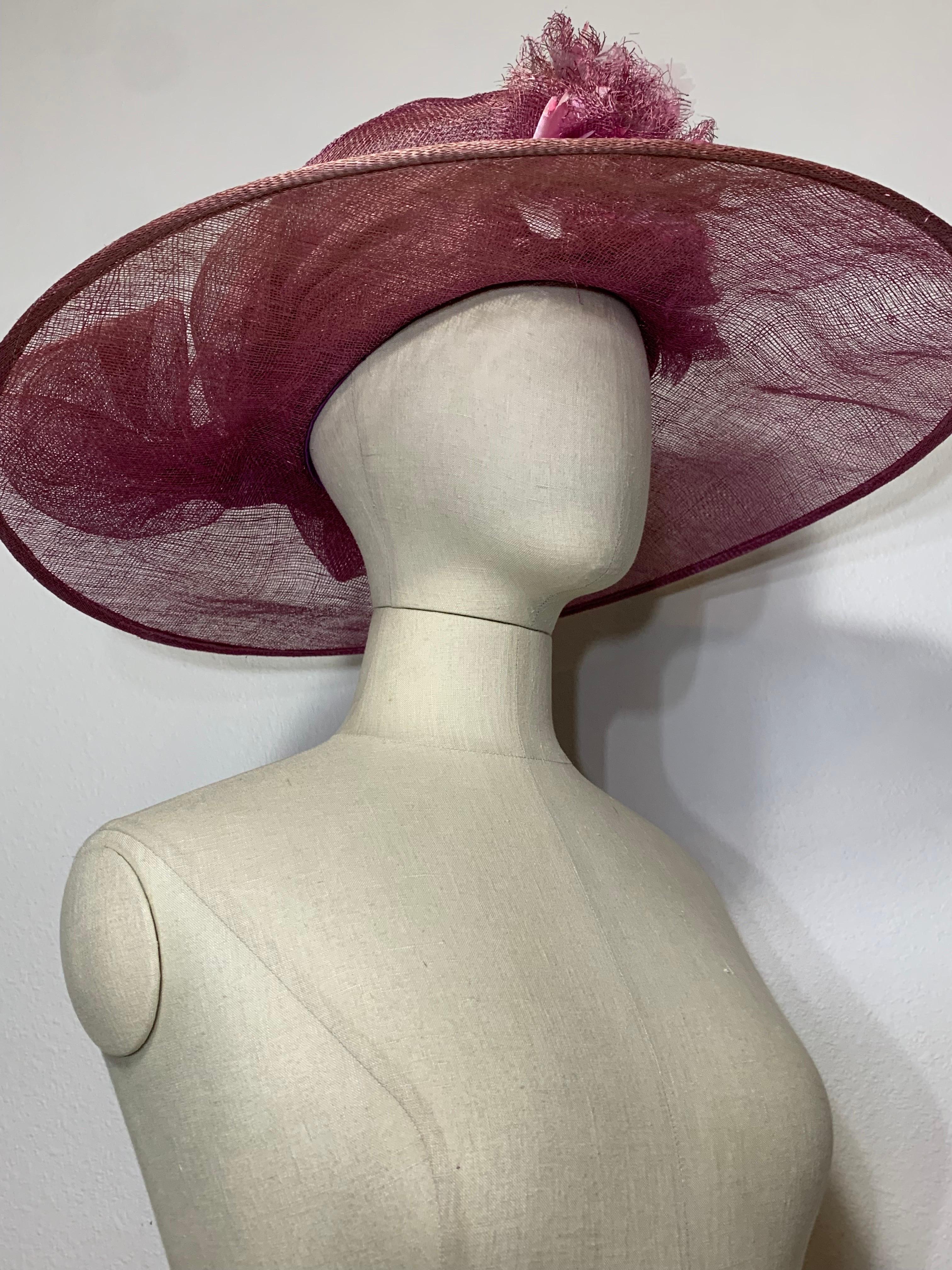 Maison Michel Spring/Summer Mauve Sheer Straw Cartwheel Wide Brim Hat w Flowers For Sale 8