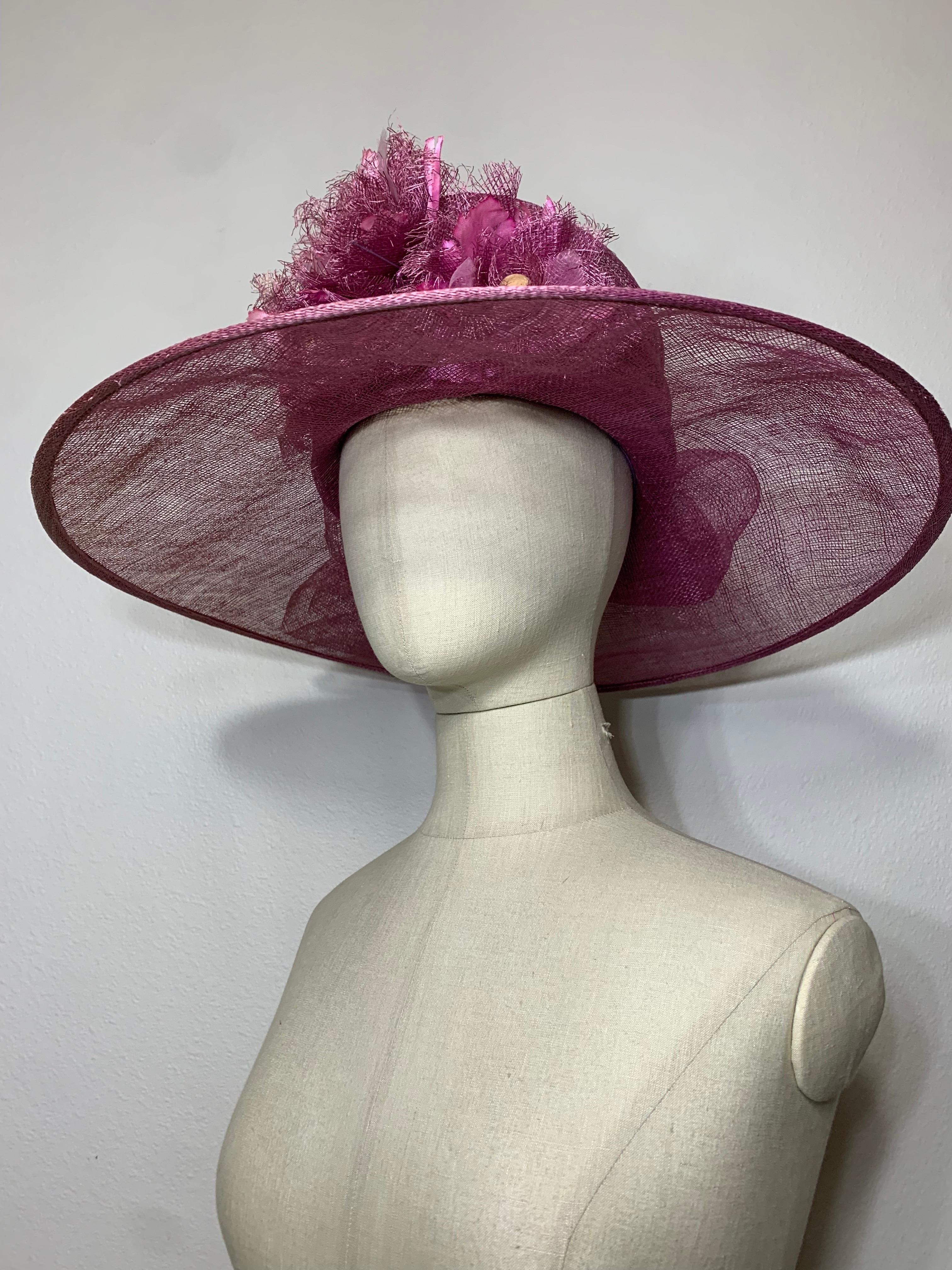 Maison Michel Spring/Summer Mauve Sheer Straw Cartwheel Wide Brim Tall Crown Hat w Straw Flower Bouquet at Front: Detachable straw bow hatpin. Brim measures 20