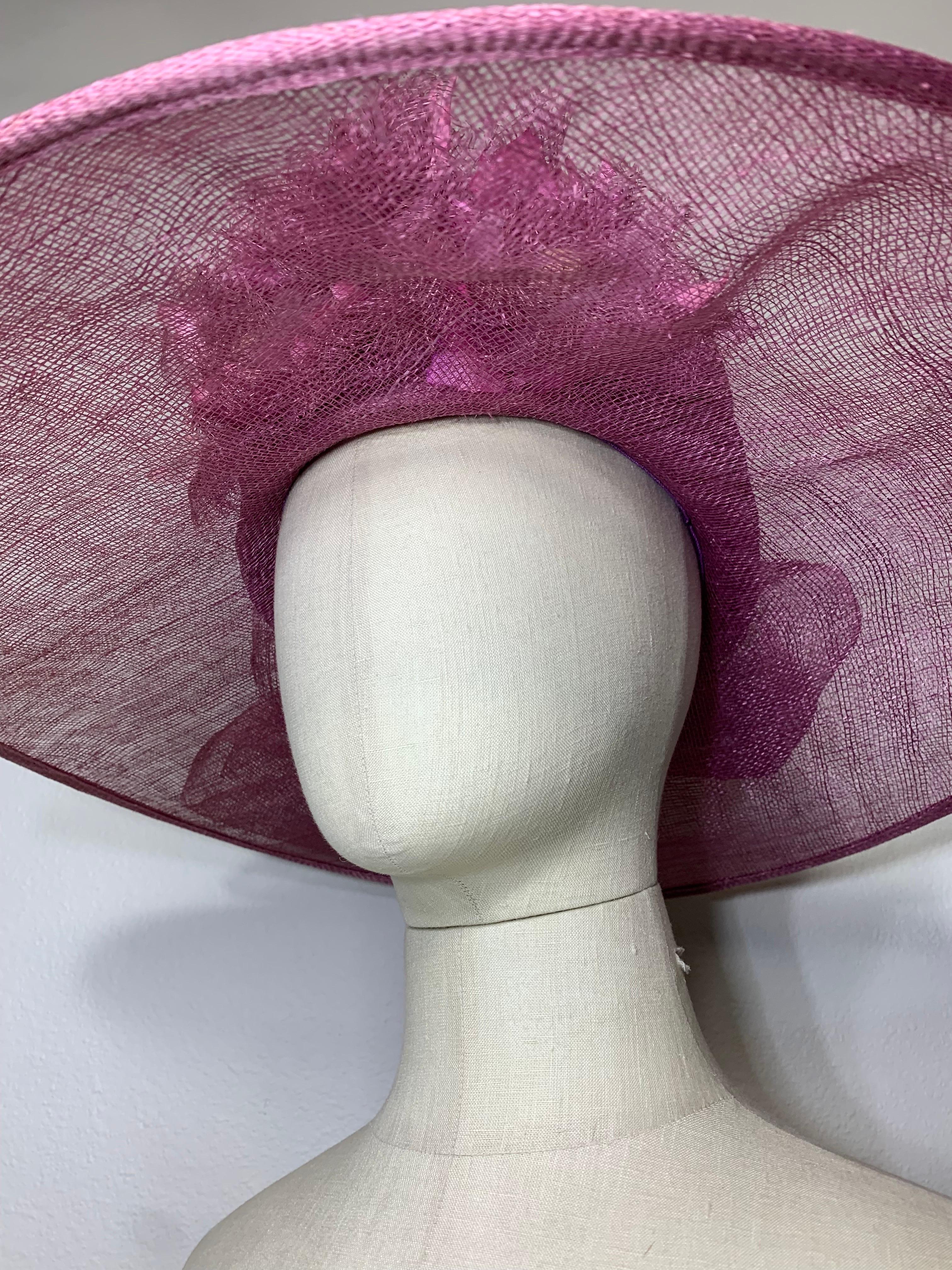 Maison Michel Spring/Summer Mauve Sheer Straw Cartwheel Wide Brim Hat w Flowers In Excellent Condition For Sale In Gresham, OR