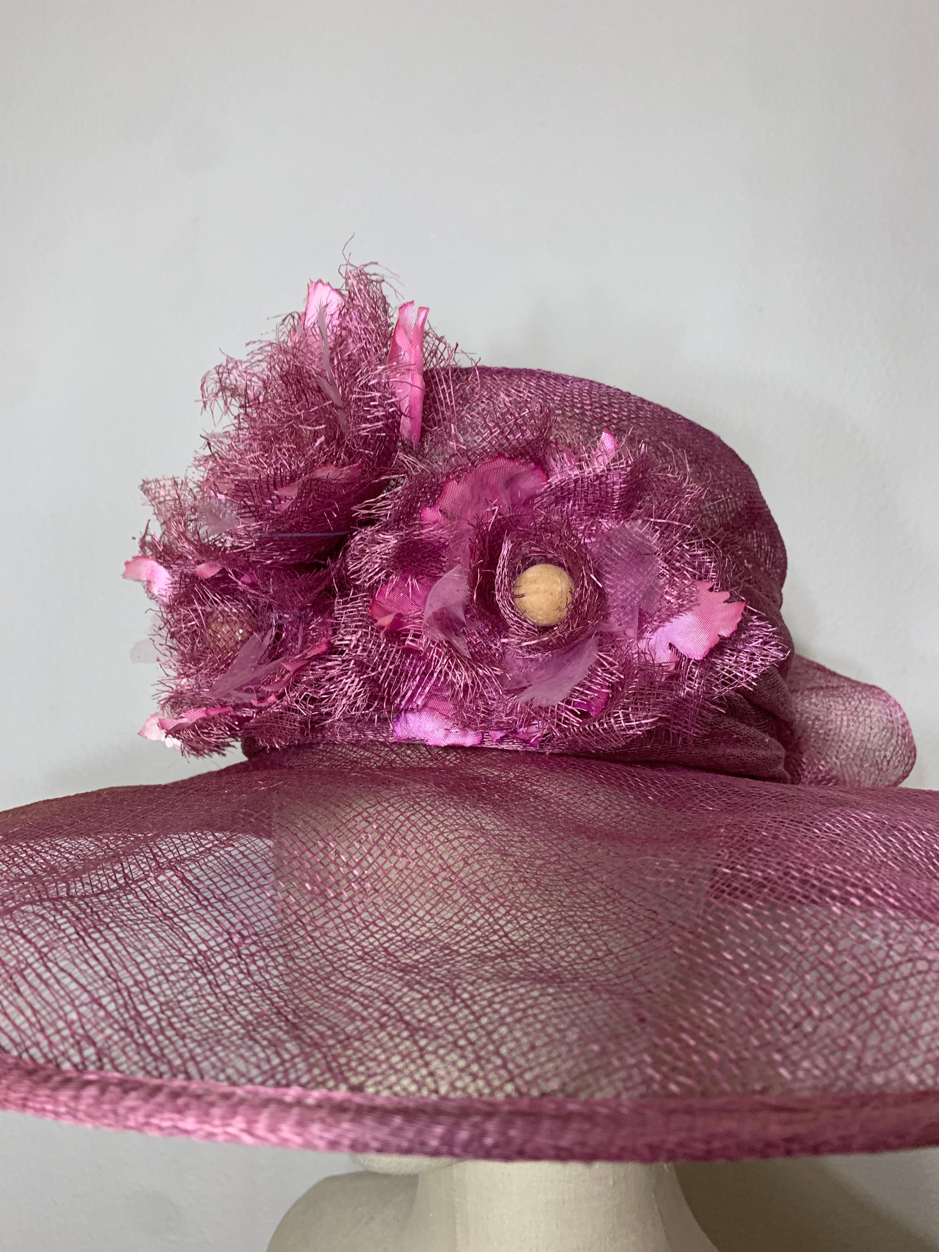 Women's Maison Michel Spring/Summer Mauve Sheer Straw Cartwheel Wide Brim Hat w Flowers For Sale