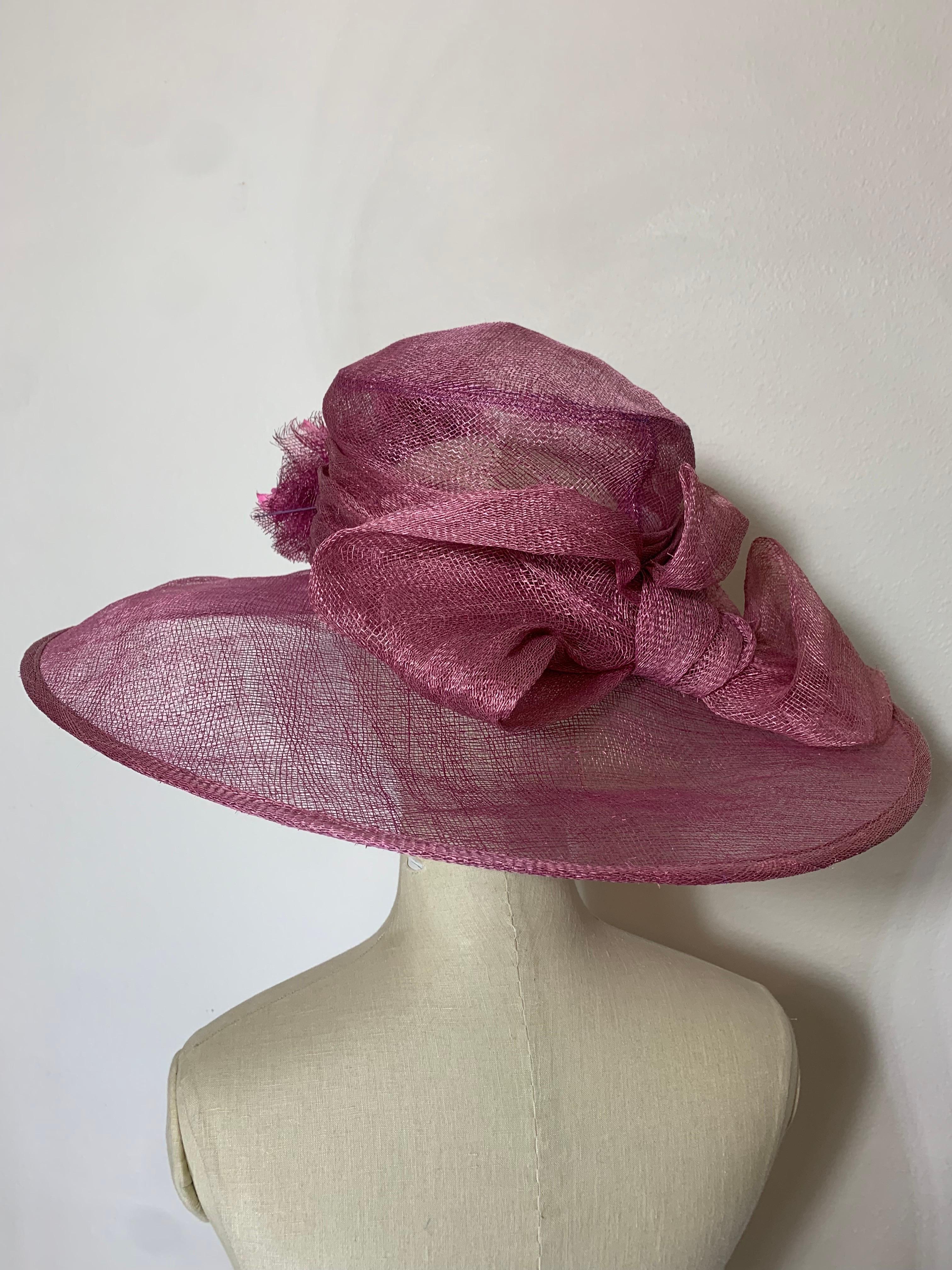 Maison Michel Spring/Summer Mauve Sheer Straw Cartwheel Wide Brim Hat w Flowers For Sale 1