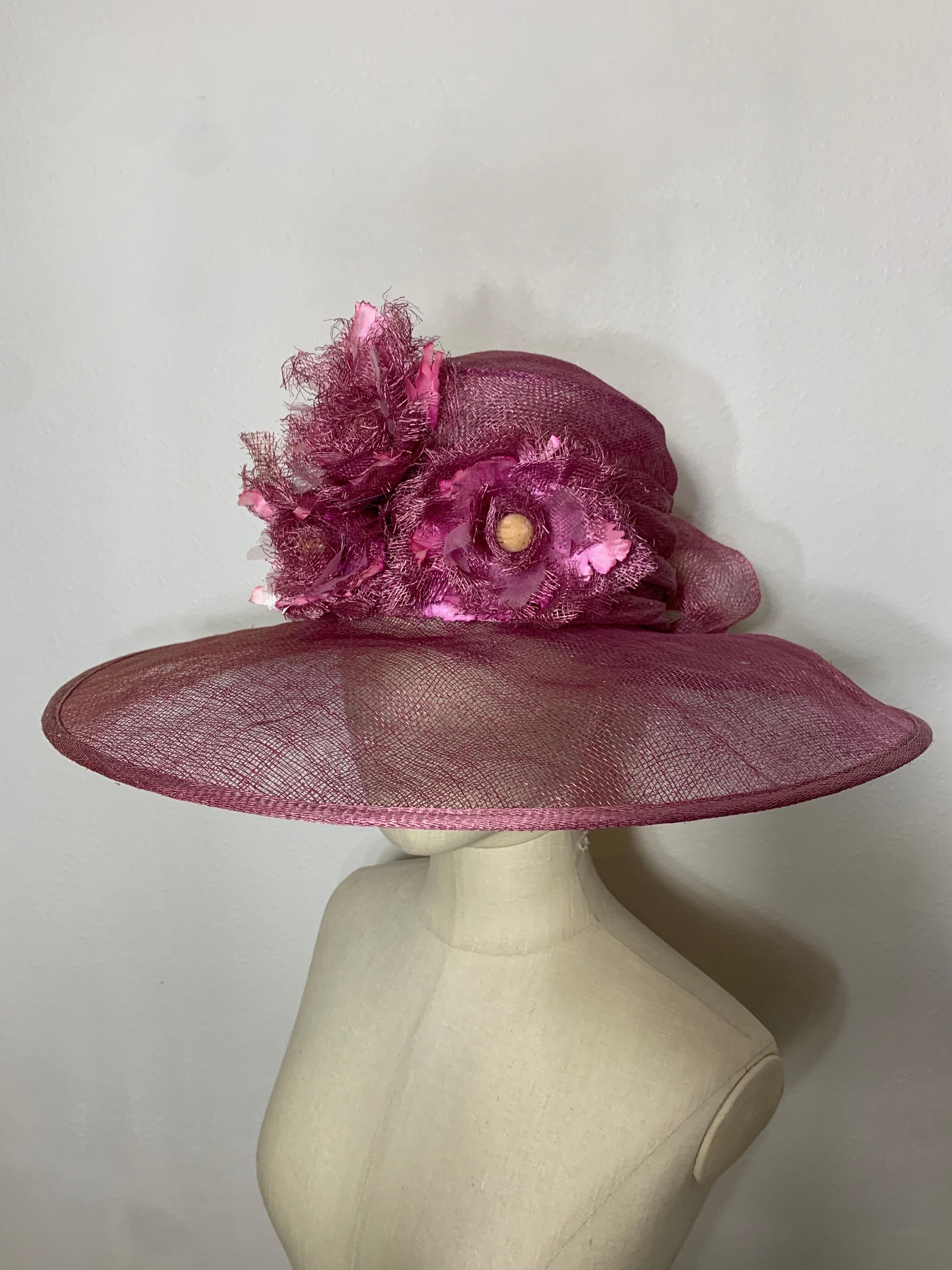 Maison Michel Spring/Summer Mauve Sheer Straw Cartwheel Wide Brim Hat w Flowers For Sale 2