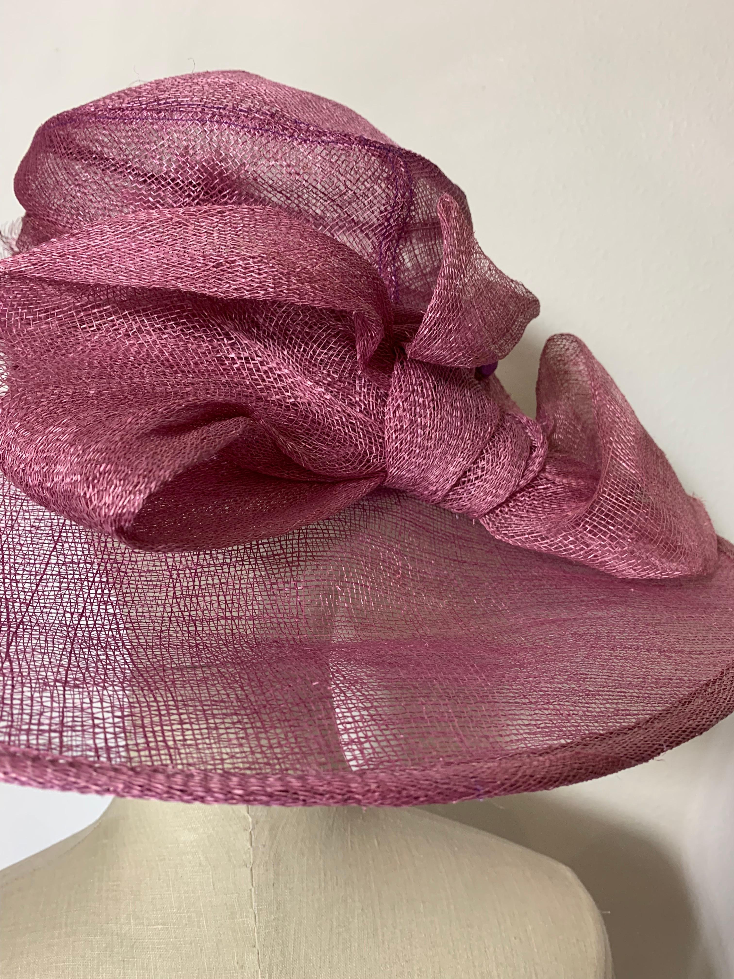 Maison Michel Spring/Summer Mauve Sheer Straw Cartwheel Wide Brim Hat w Flowers For Sale 3