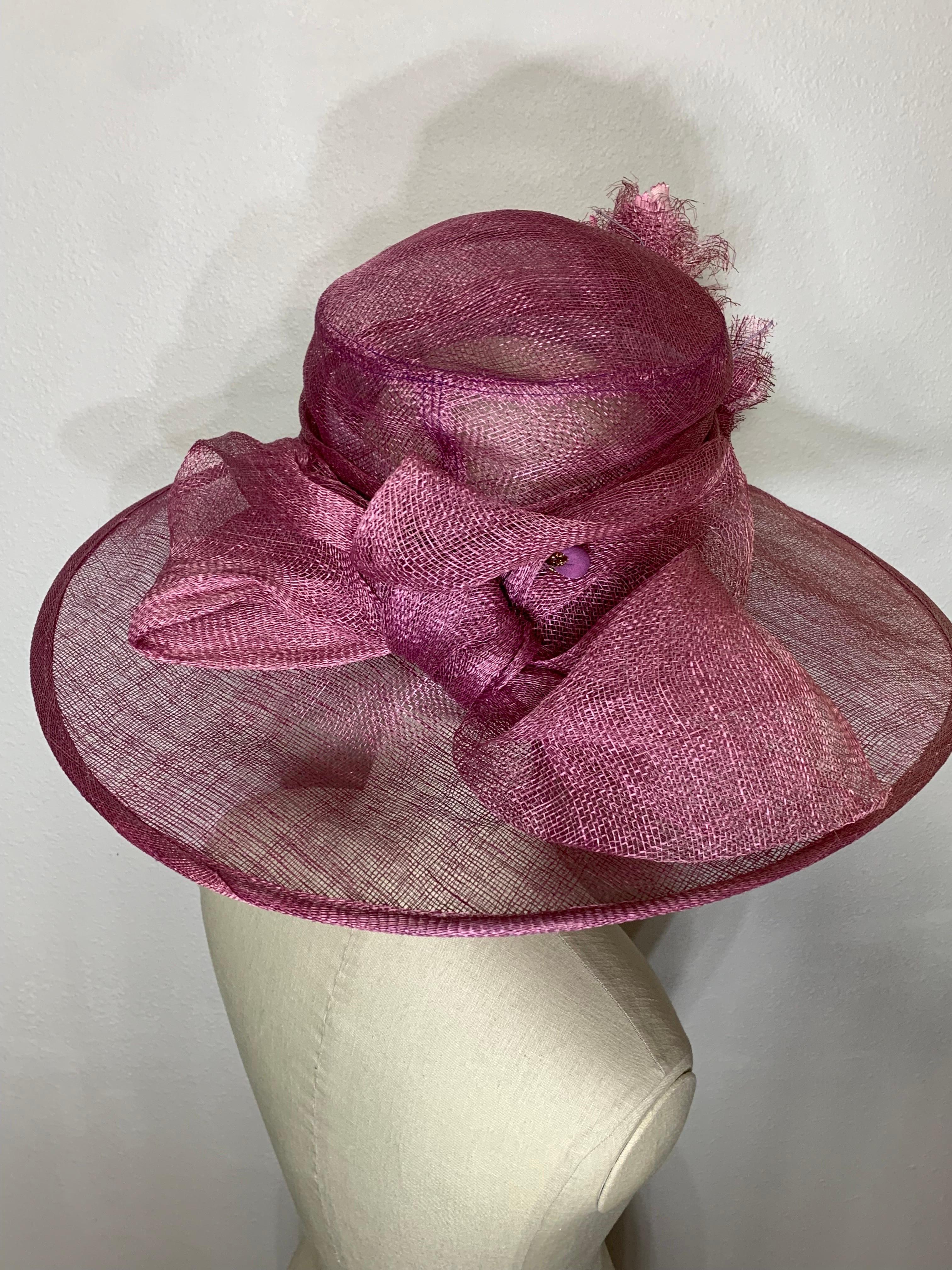 Maison Michel Spring/Summer Mauve Sheer Straw Cartwheel Wide Brim Hat w Flowers For Sale 4