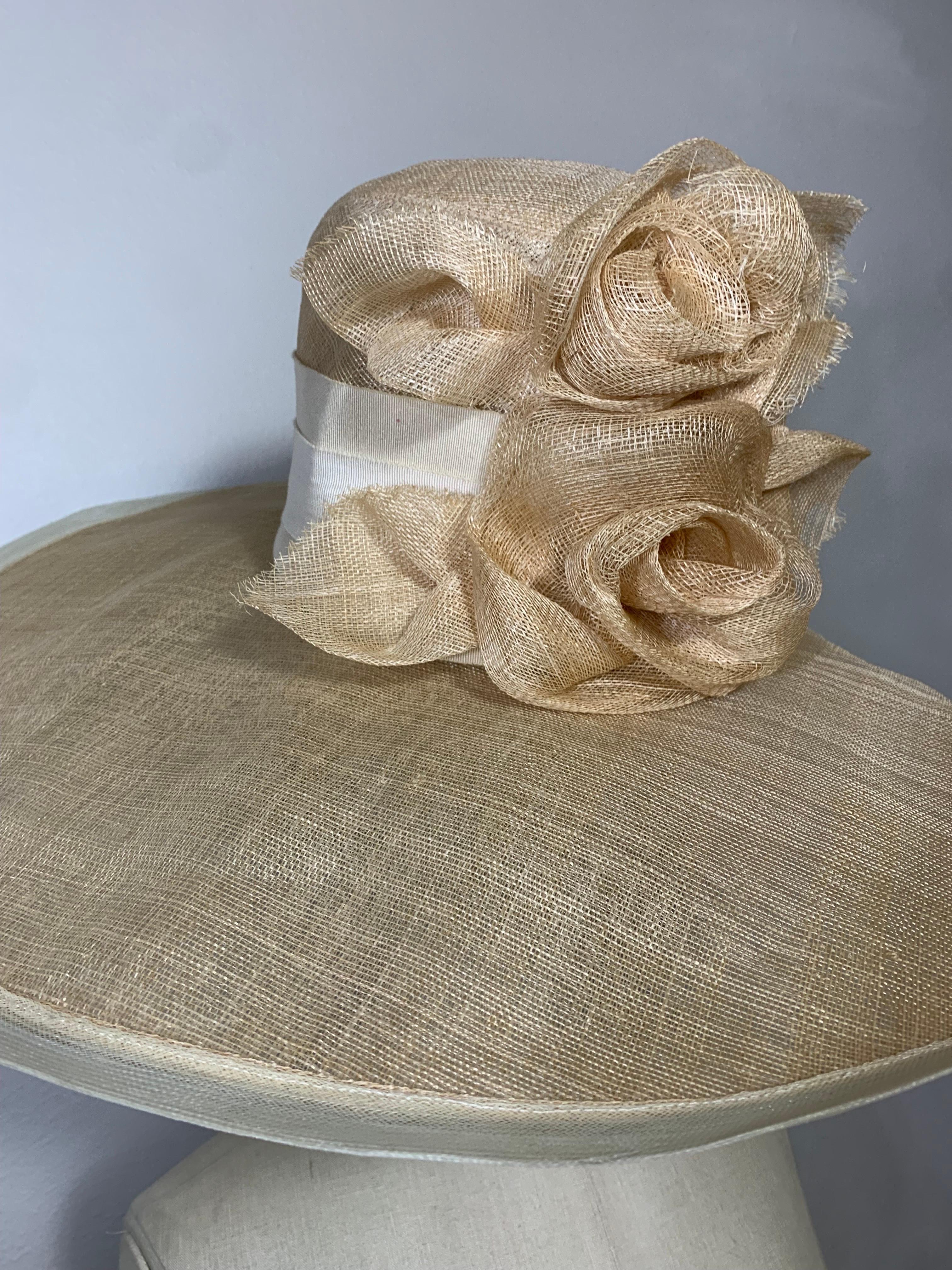 Maison Michel Spring / Summer Natural Wide Brim Straw Hat w Horsehair Braid Trim and Straw Flower Bouquet: Tall body, rounded crown. Wide brim measures 24