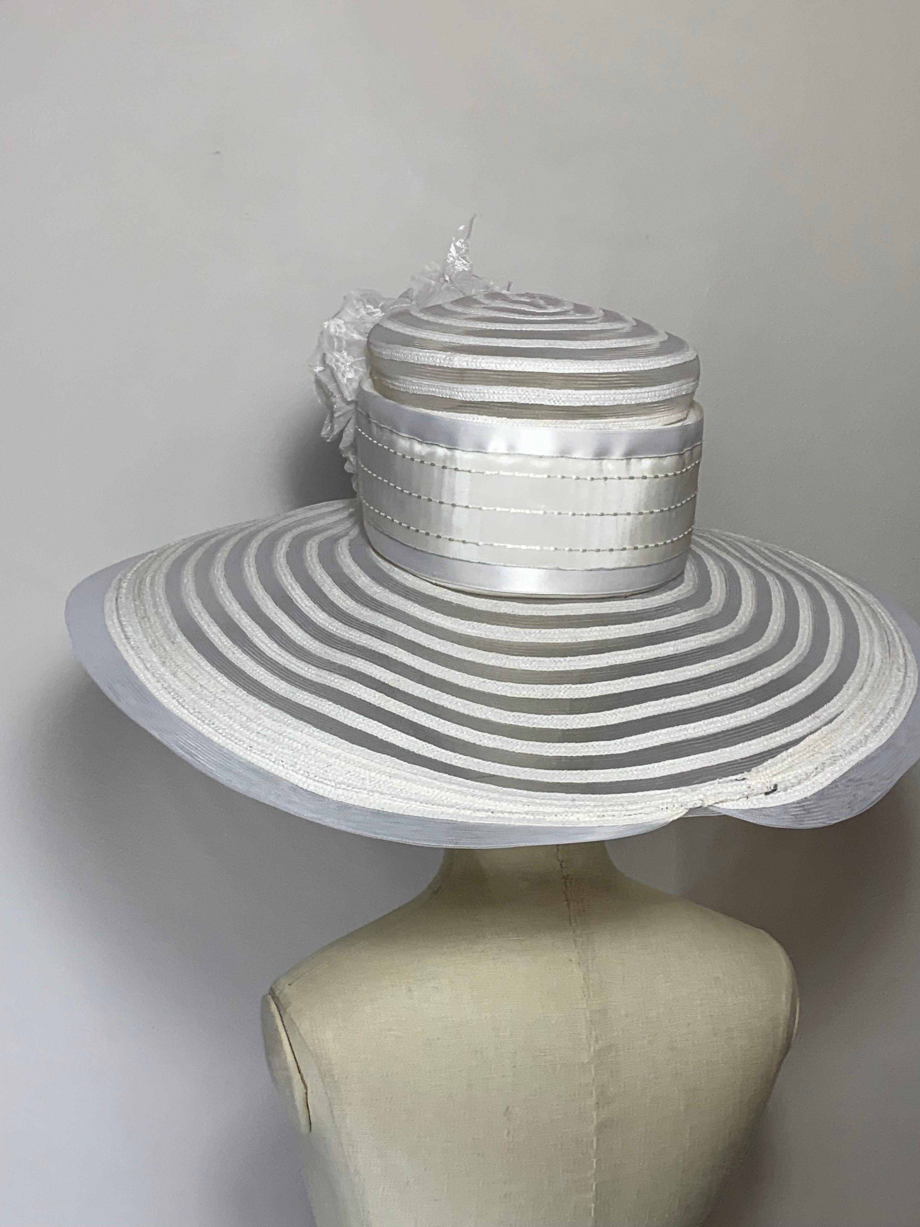 Maison Michel Spring/Summer Sheer White Striped Straw Wide Brim Hat w Florals  For Sale 6