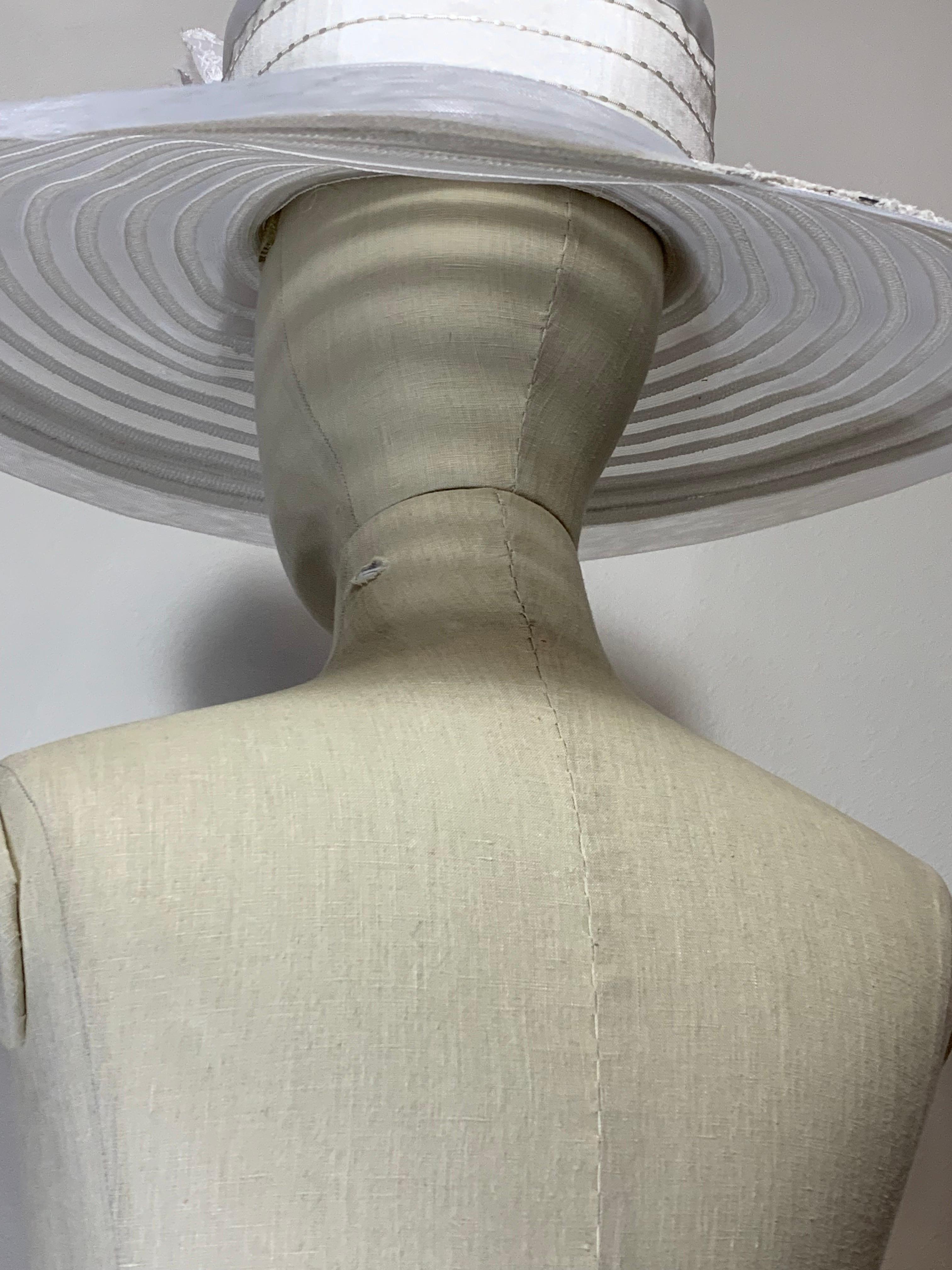 Maison Michel Spring/Summer Sheer White Striped Straw Wide Brim Hat w Florals For Sale 6