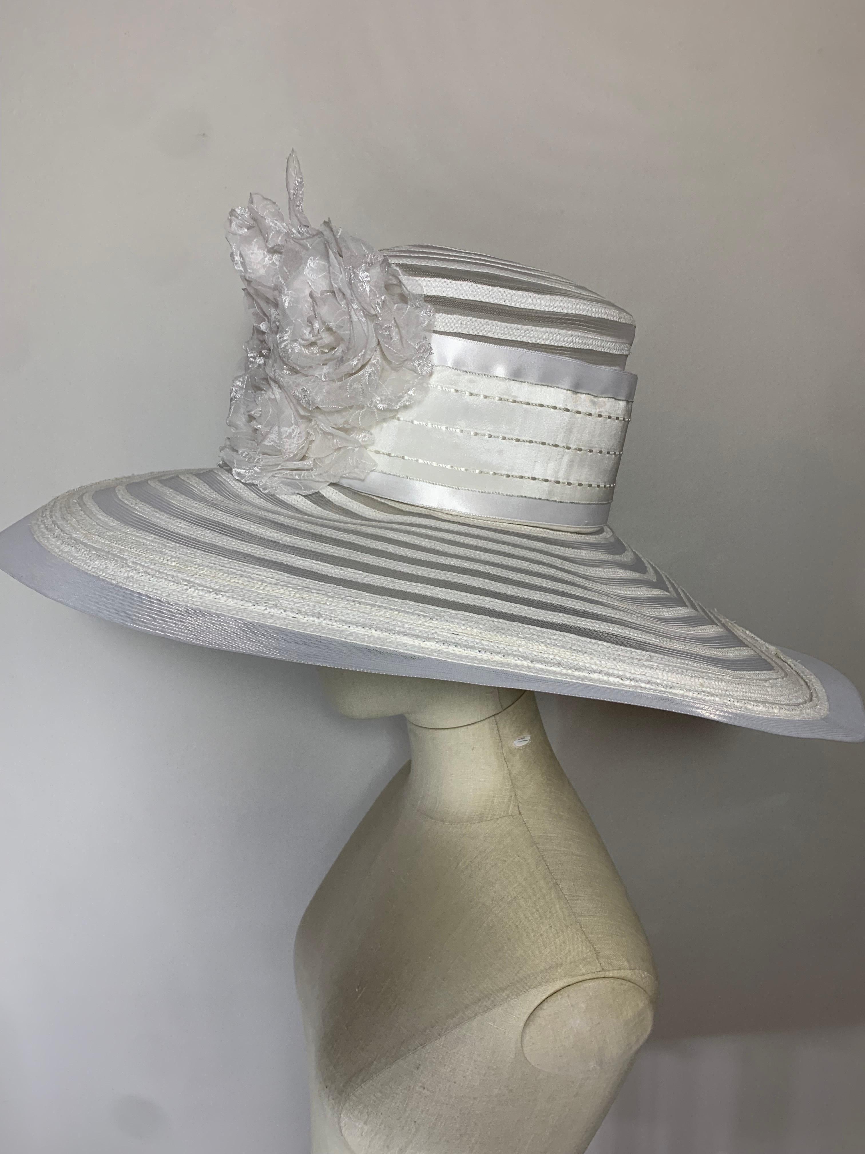 Maison Michel Spring/Summer Sheer White Striped Straw Wide Brim Hat w Florals  For Sale 8
