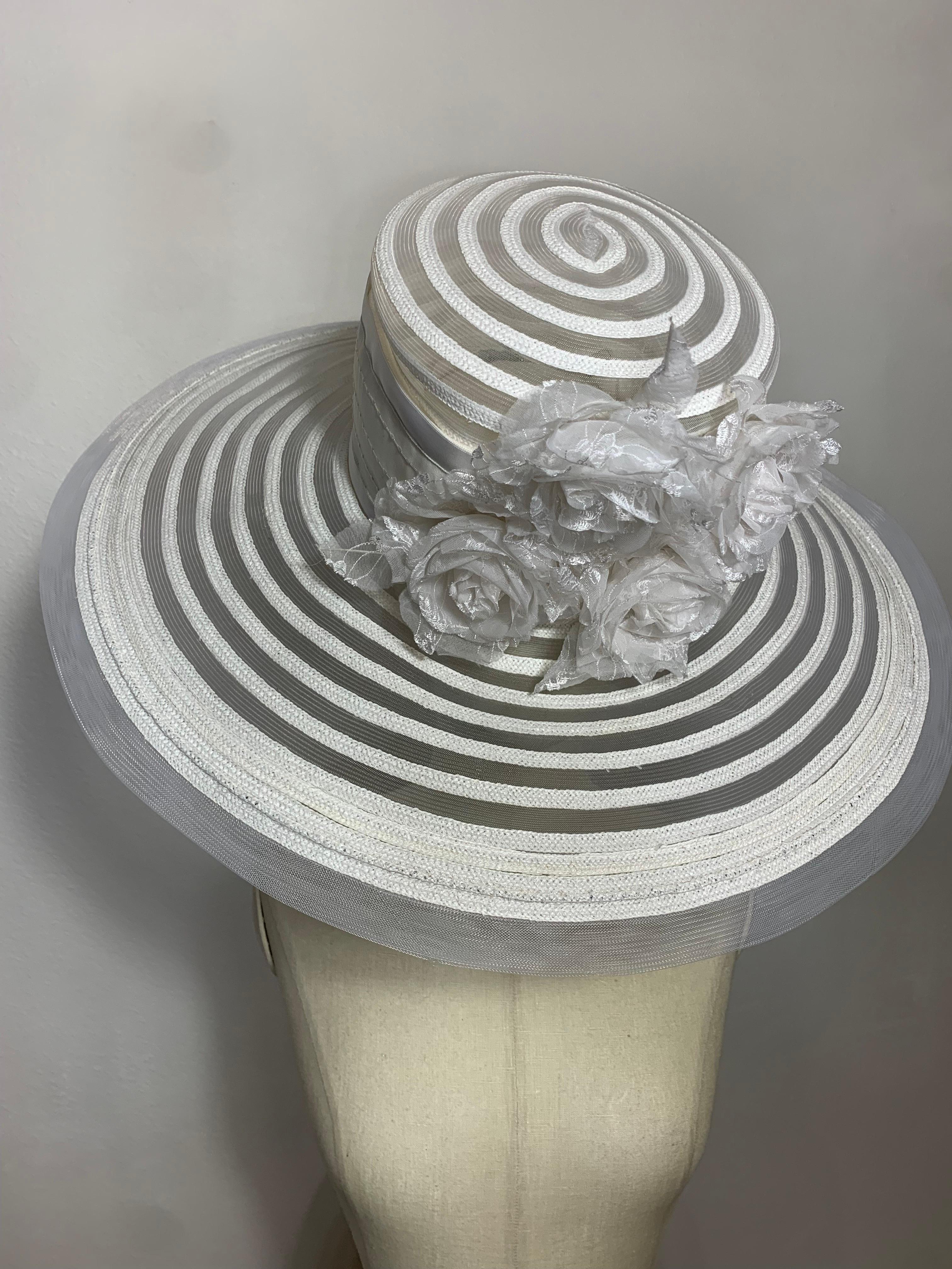 Maison Michel Spring/Summer Sheer White Striped Straw Wide Brim Hat w Florals  For Sale 9
