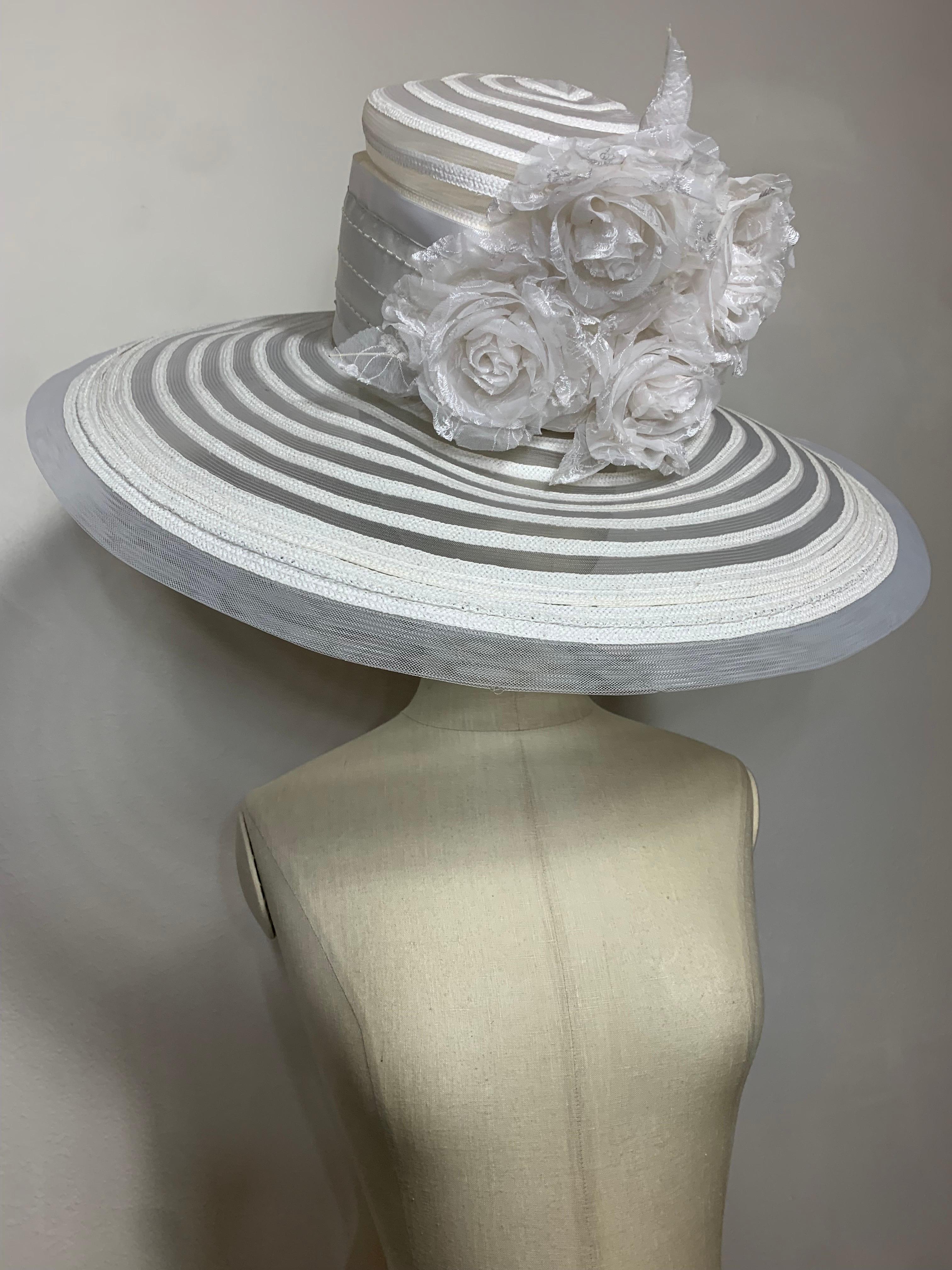Maison Michel Spring/Summer Sheer White Striped Straw Wide Brim Hat w Florals  For Sale 10