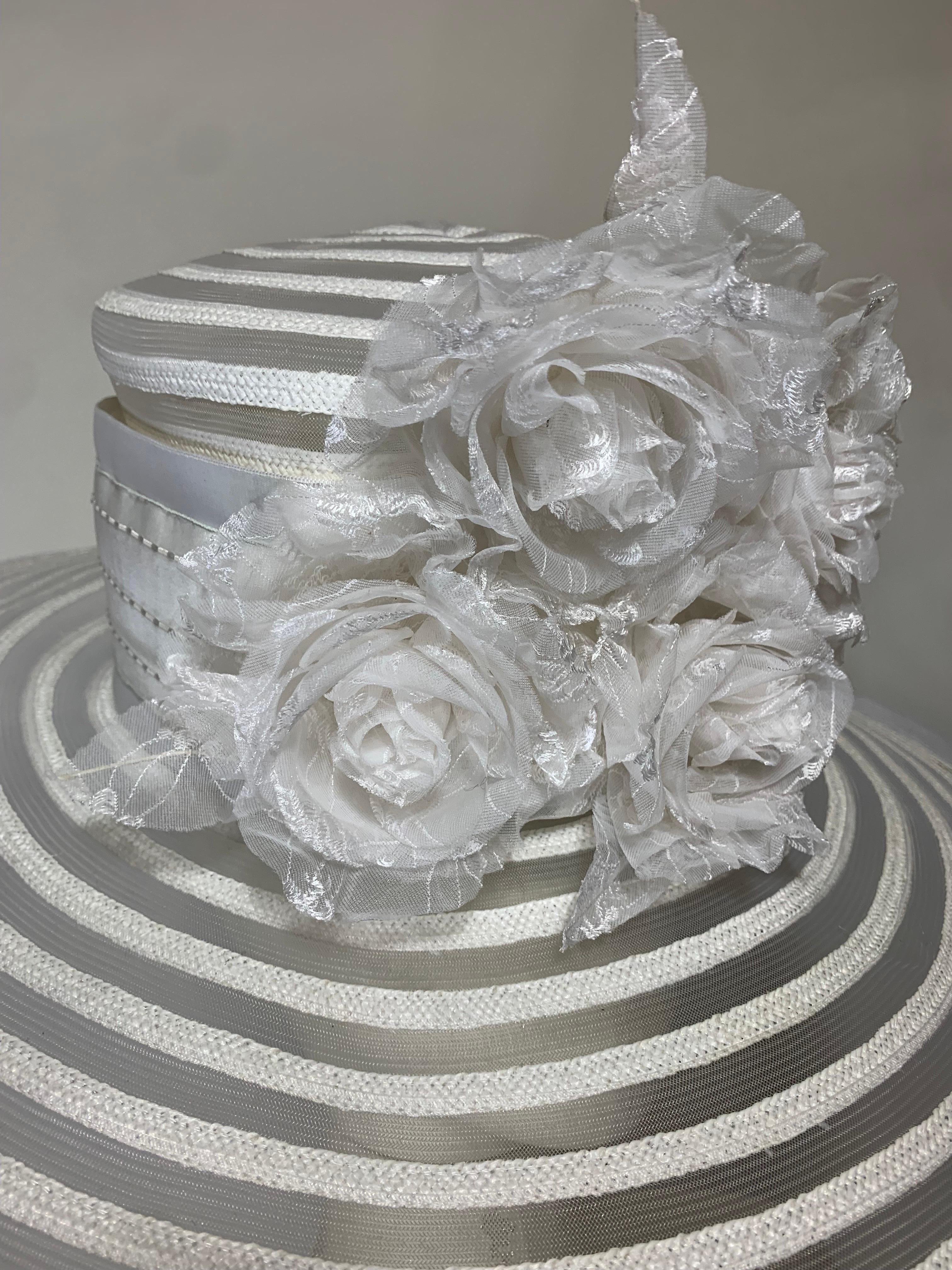 Maison Michel Spring/Summer Sheer White Striped Straw Wide Brim Hat w Florals  For Sale 12