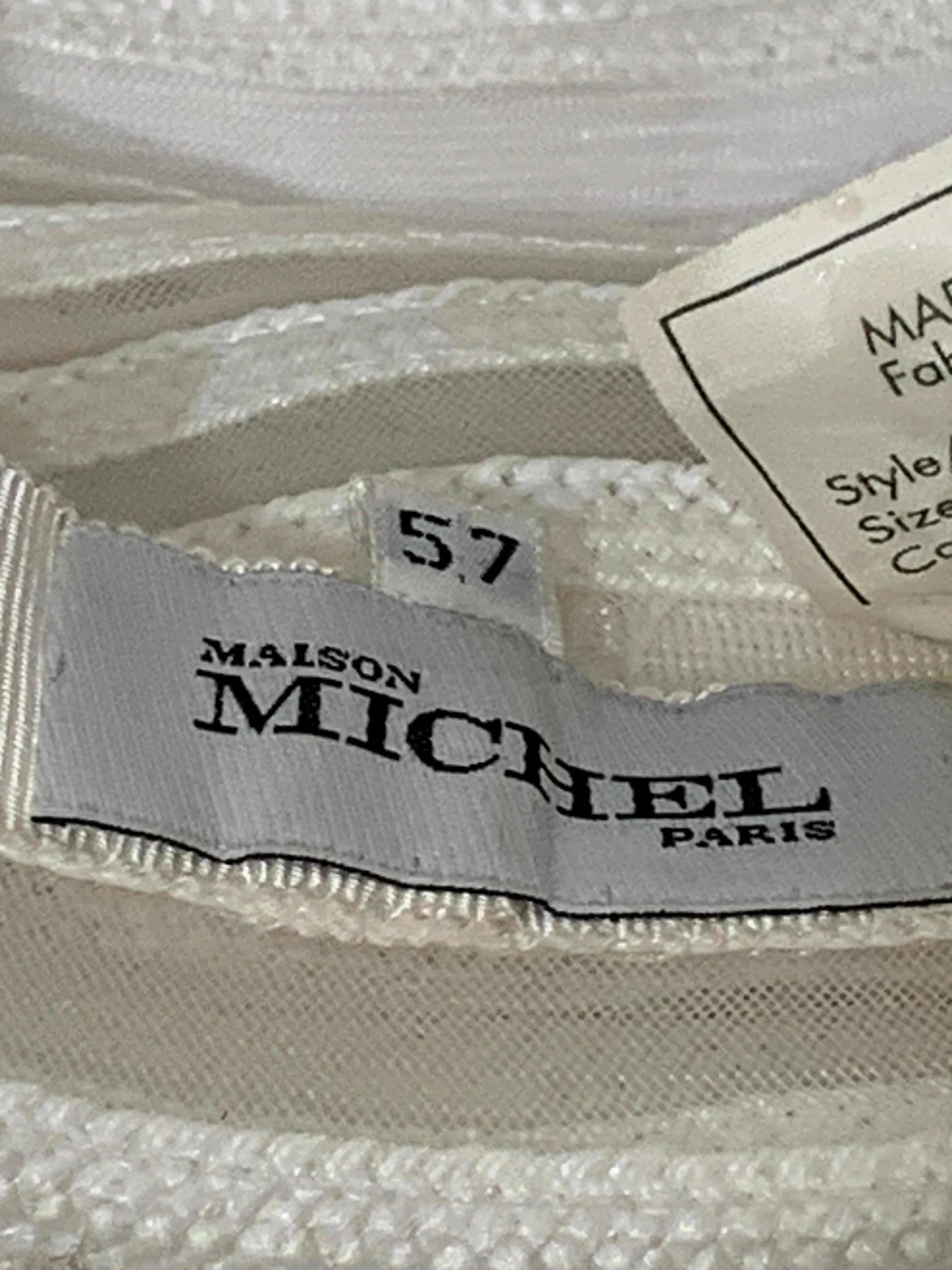 Maison Michel Spring/Summer Sheer White Striped Straw Wide Brim Hat w Florals  For Sale 15