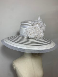 Maison Michel Spring/Summer Sheer White Striped Straw Wide Brim Hat w Florals