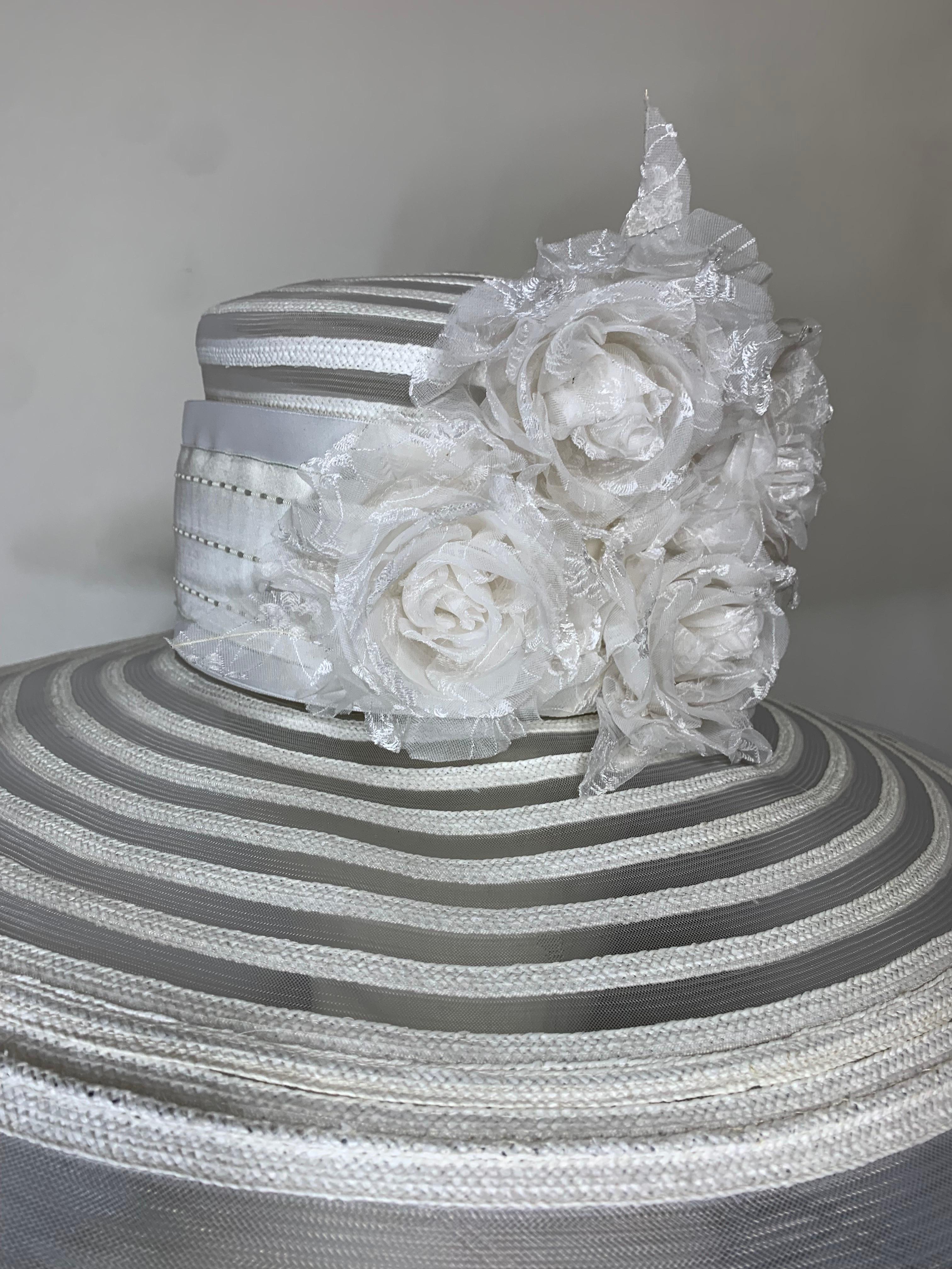 Maison Michel Spring/Summer Sheer White Striped Straw Wide Brim Hat w Florals  In Excellent Condition For Sale In Gresham, OR