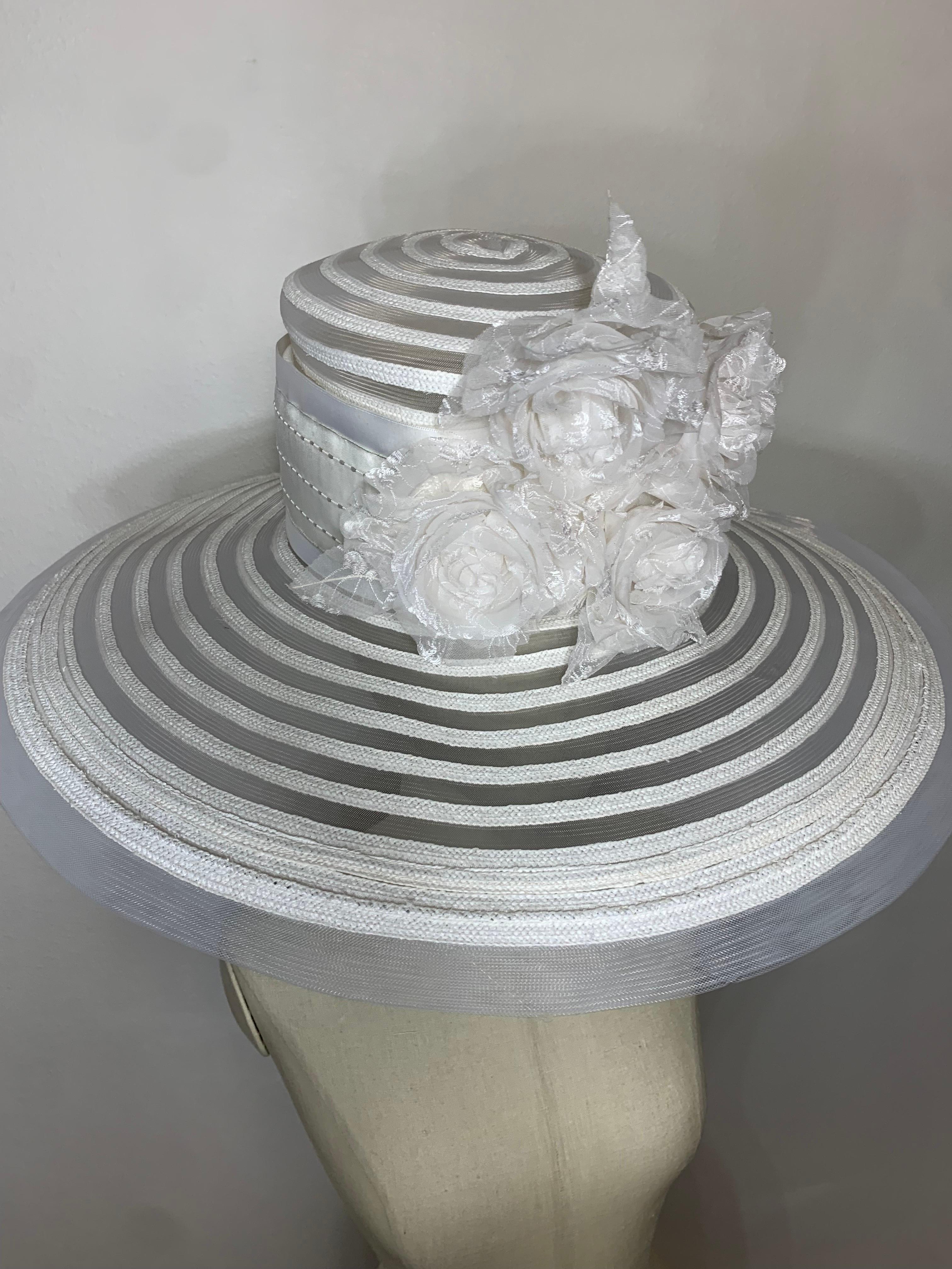 Women's Maison Michel Spring/Summer Sheer White Striped Straw Wide Brim Hat w Florals  For Sale