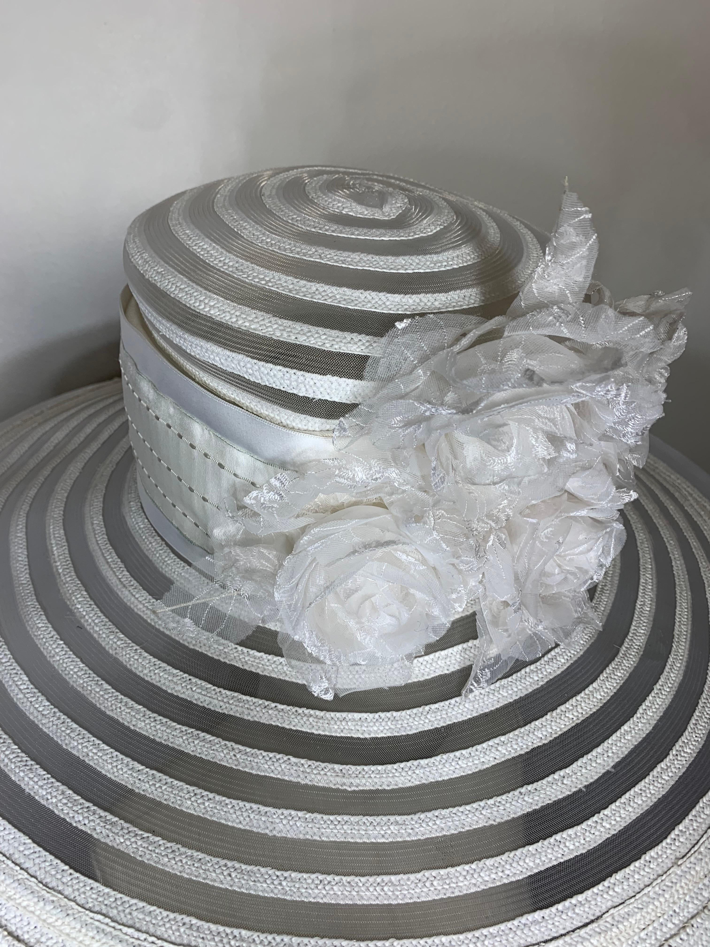 Maison Michel Spring/Summer Sheer White Striped Straw Wide Brim Hat w Florals  For Sale 1