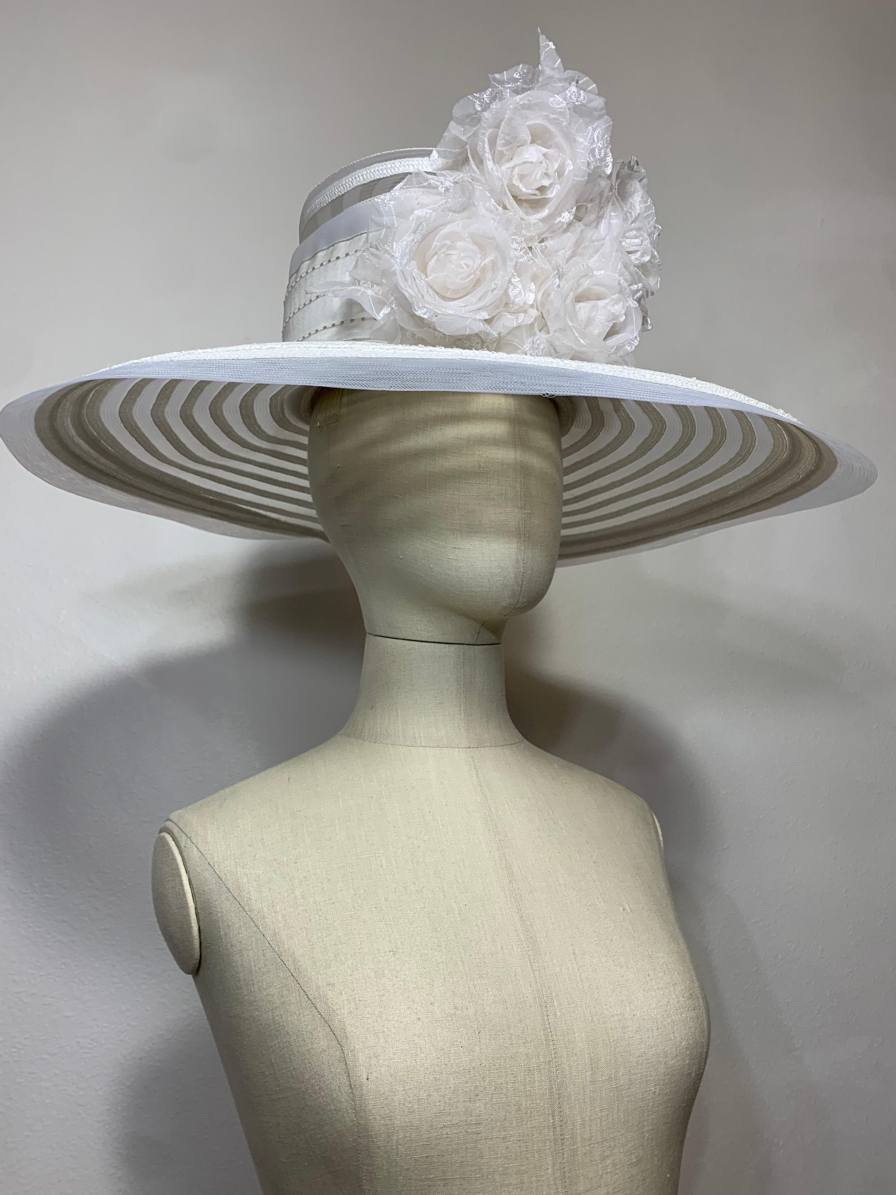 Maison Michel Spring/Summer Sheer White Striped Straw Wide Brim Hat w Florals  For Sale 2