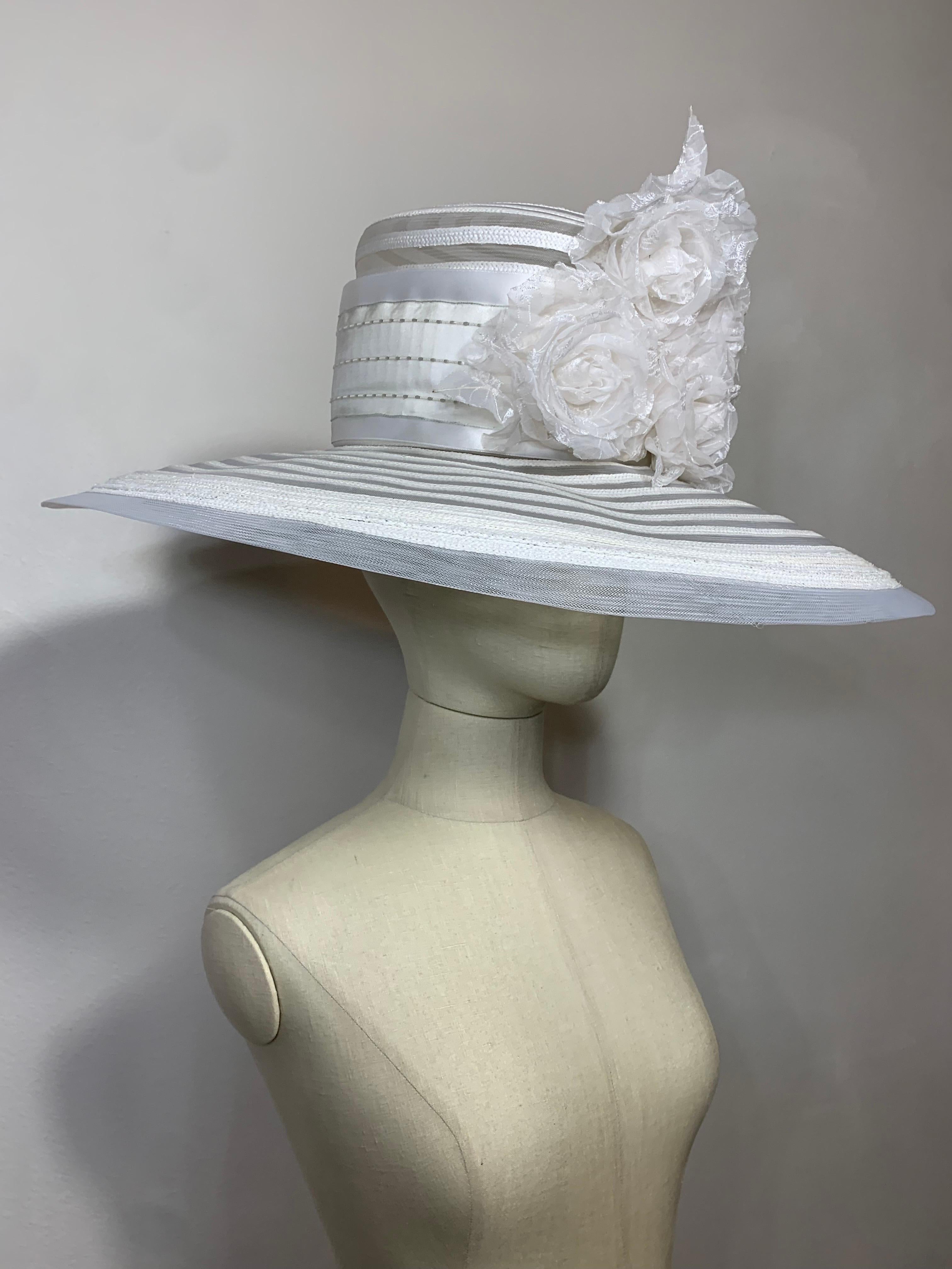 Maison Michel Spring/Summer Sheer White Striped Straw Wide Brim Hat w Florals For Sale 2