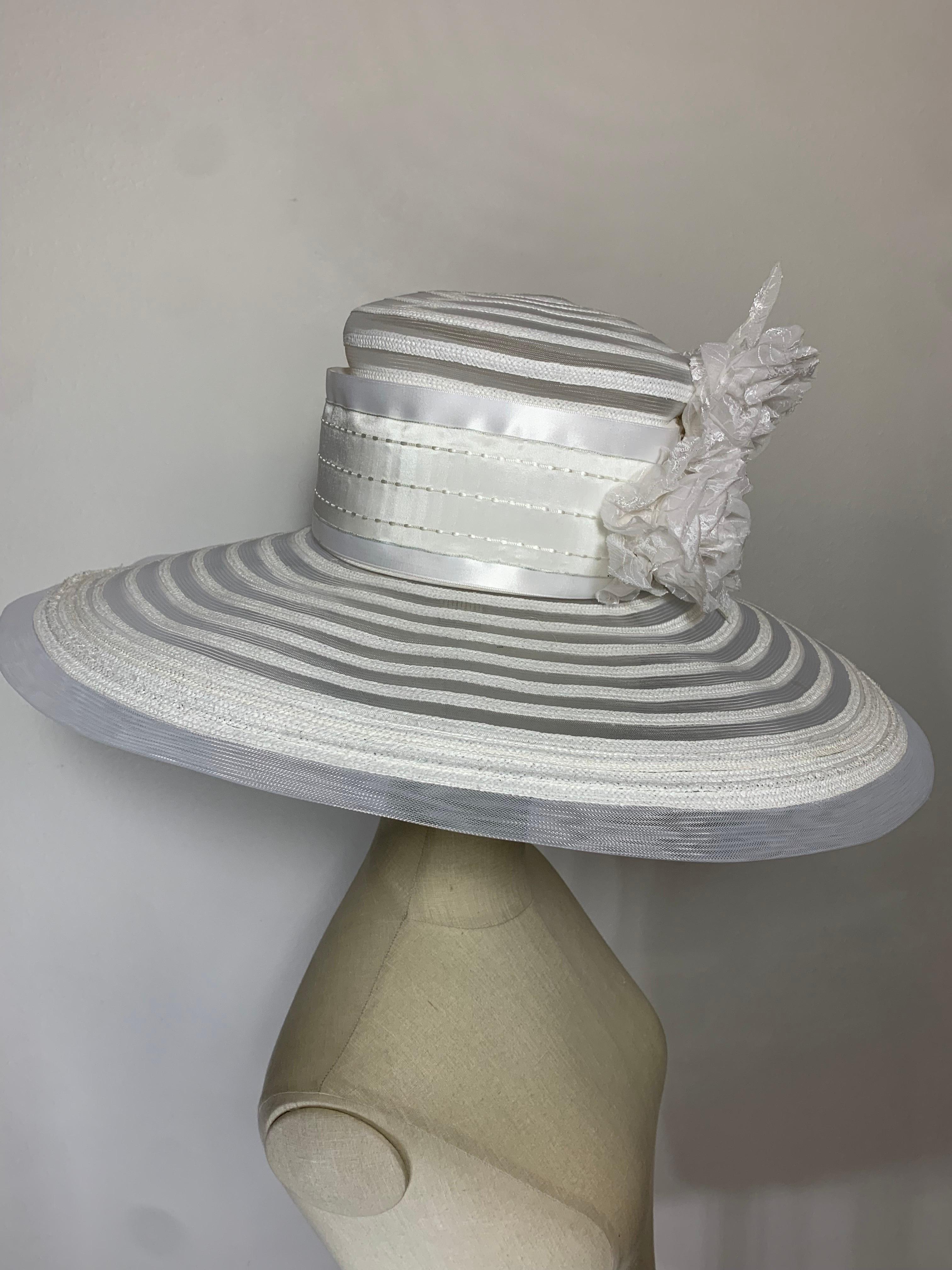 Maison Michel Spring/Summer Sheer White Striped Straw Wide Brim Hat w Florals  For Sale 4
