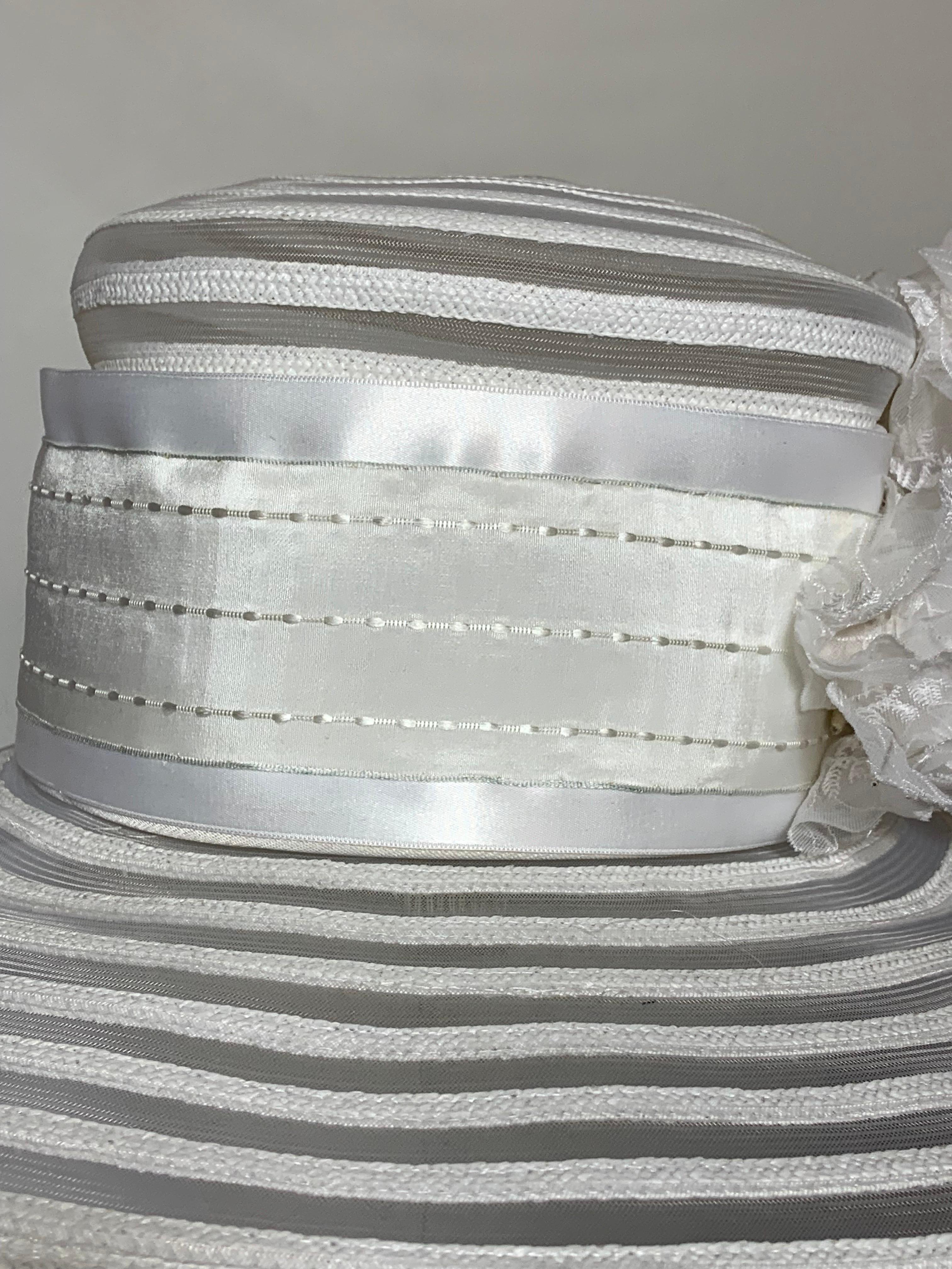 Maison Michel Spring/Summer Sheer White Striped Straw Wide Brim Hat w Florals  For Sale 5