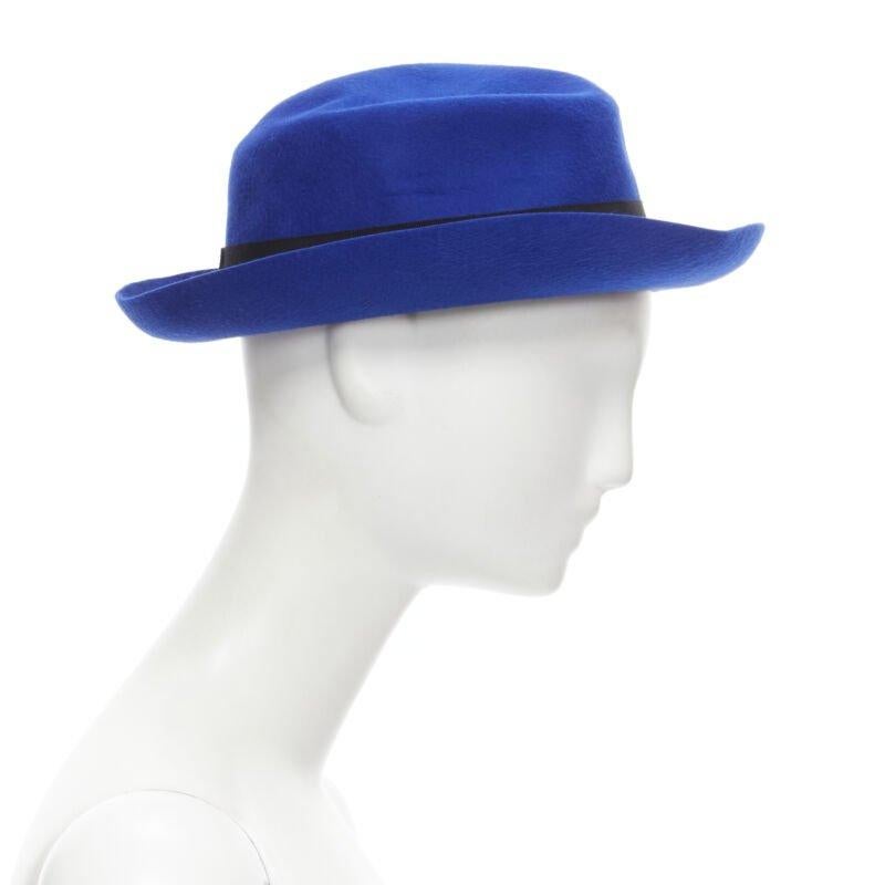MAISON MICHEL Tiger cobalt blue wool felt black grosgrain fedora hat 57cm In Excellent Condition For Sale In Hong Kong, NT