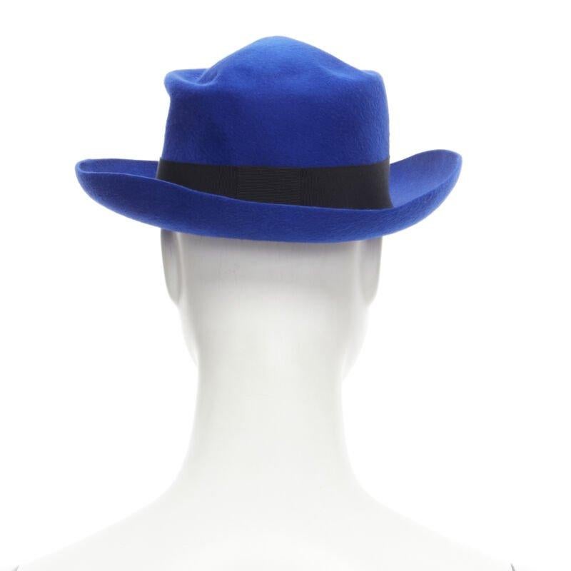 Women's MAISON MICHEL Tiger cobalt blue wool felt black grosgrain fedora hat 57cm For Sale