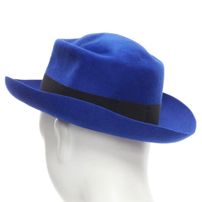MAISON MICHEL Tiger cobalt blue wool felt black grosgrain fedora hat 57cm For Sale 1
