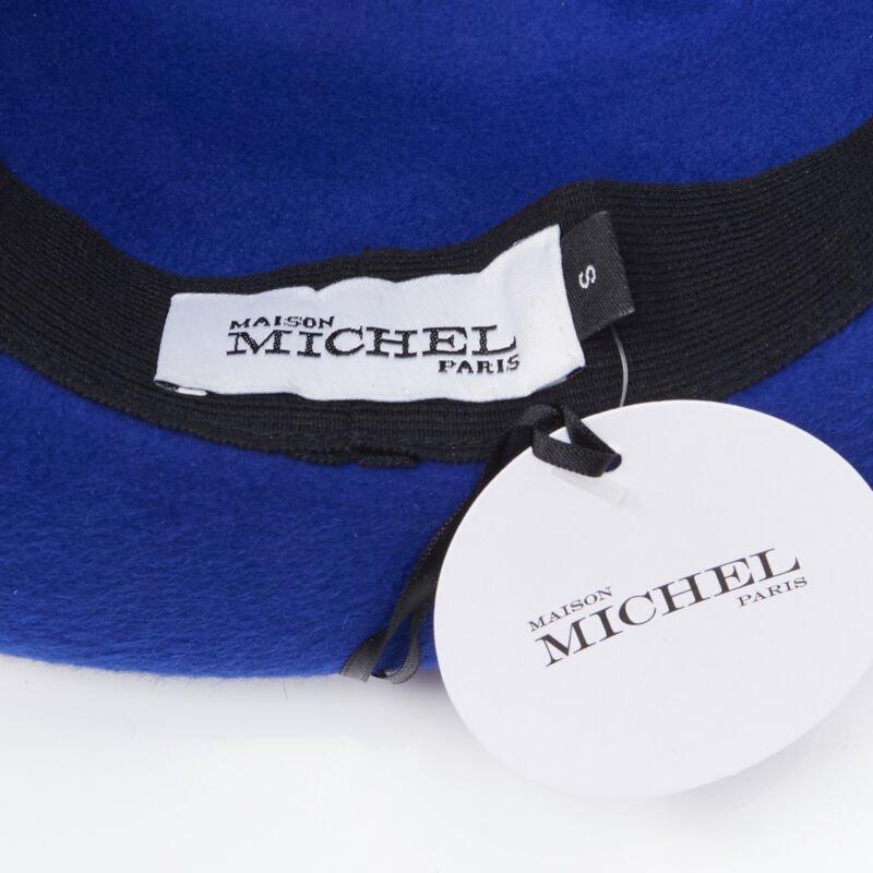 MAISON MICHEL Tiger cobalt blue wool felt black grosgrain fedora hat 57cm For Sale 2