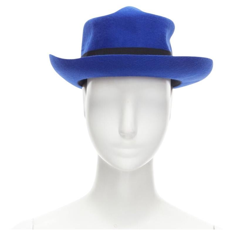 MAISON MICHEL Tiger cobalt blue wool felt black grosgrain fedora hat 57cm For Sale