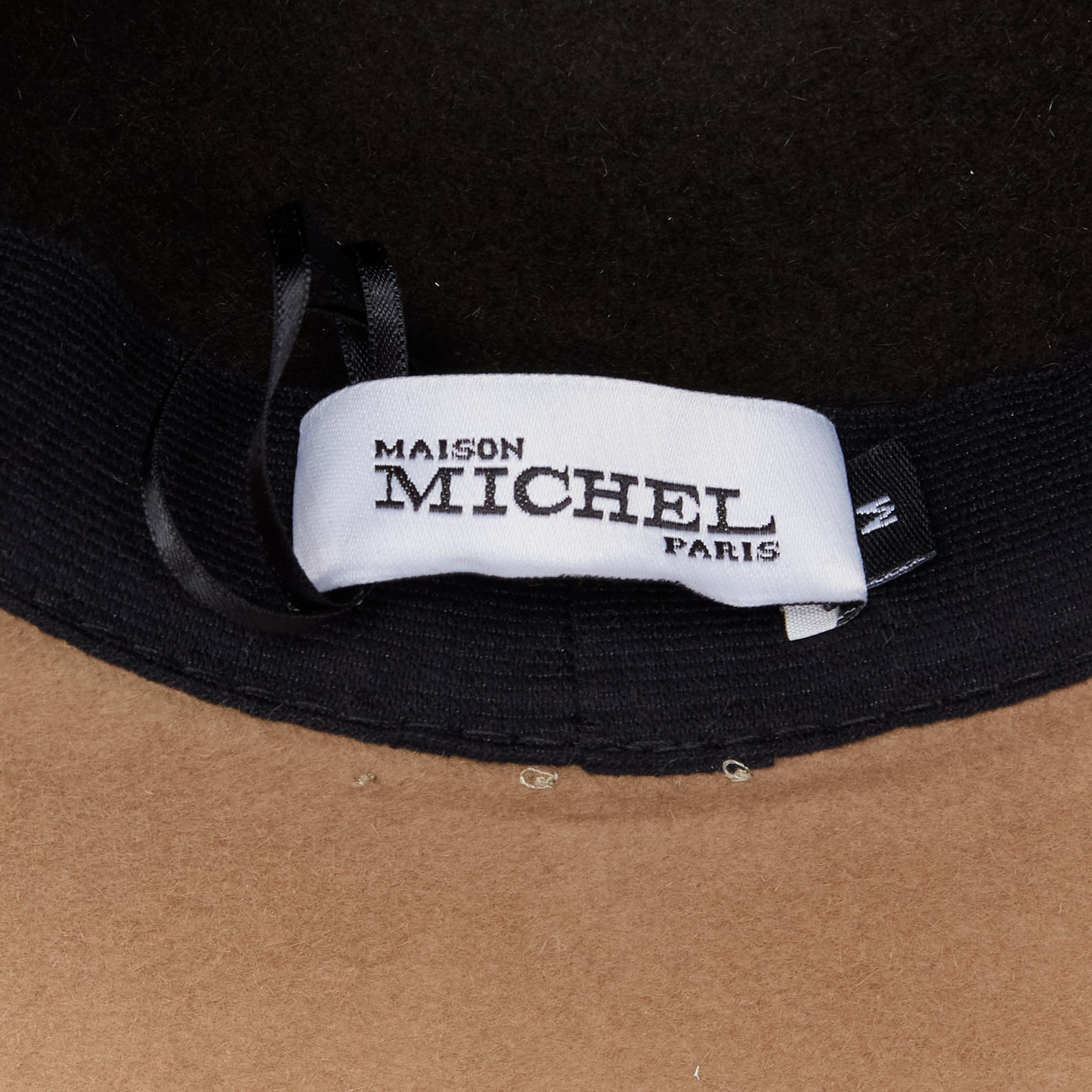 MAISON MICHEL two tone brown camel white grosgrain M logo fedora hat M 57cm In New Condition For Sale In Hong Kong, NT