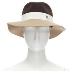 MAISON MICHEL bicolore marron camel blanc gros grain M logo chapeau fedora M 57cm