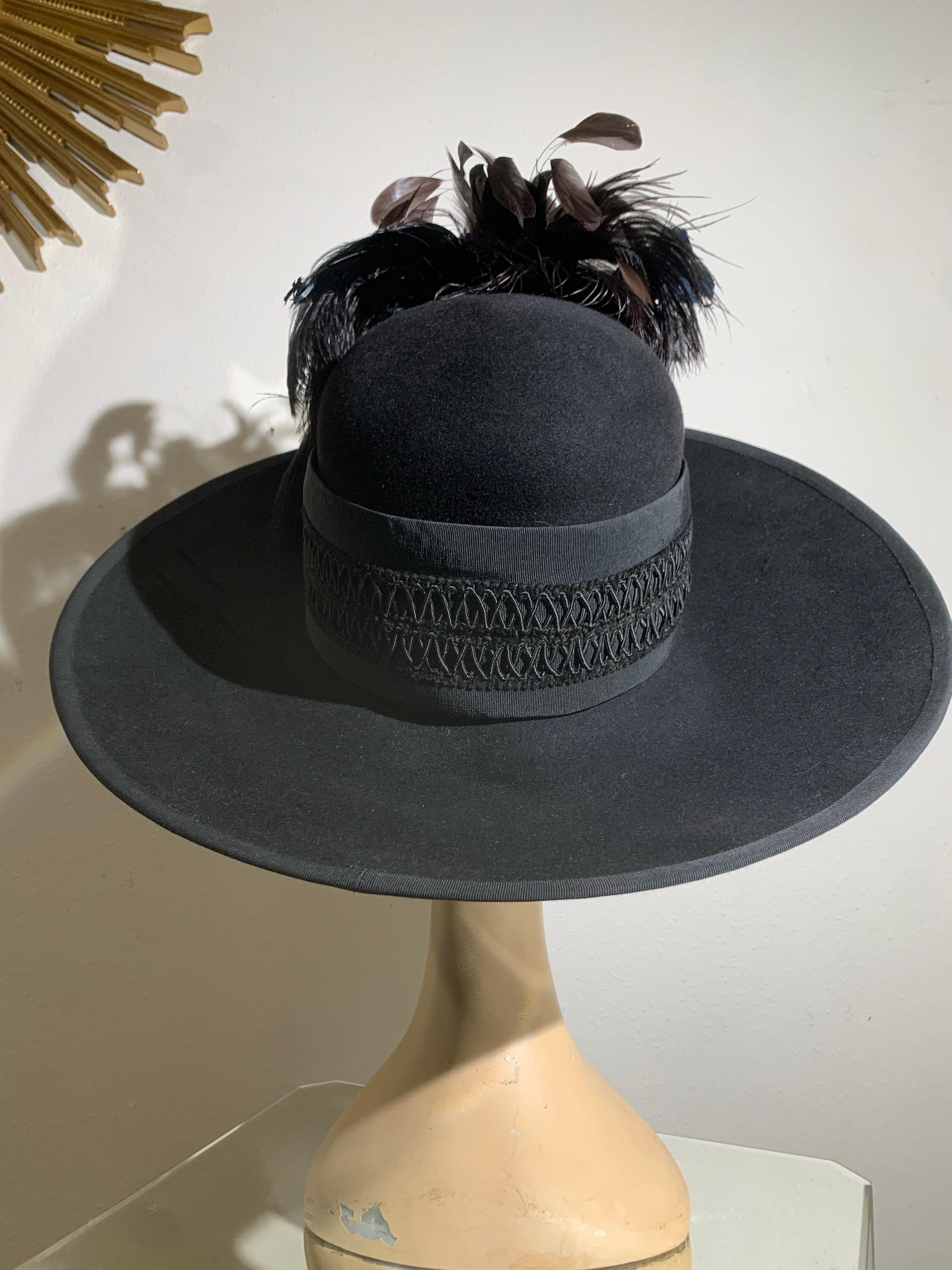 Maison Michel Black Fur Felt Wide Brimmed Fedora Hat w Braid Band & Feather For Sale 6