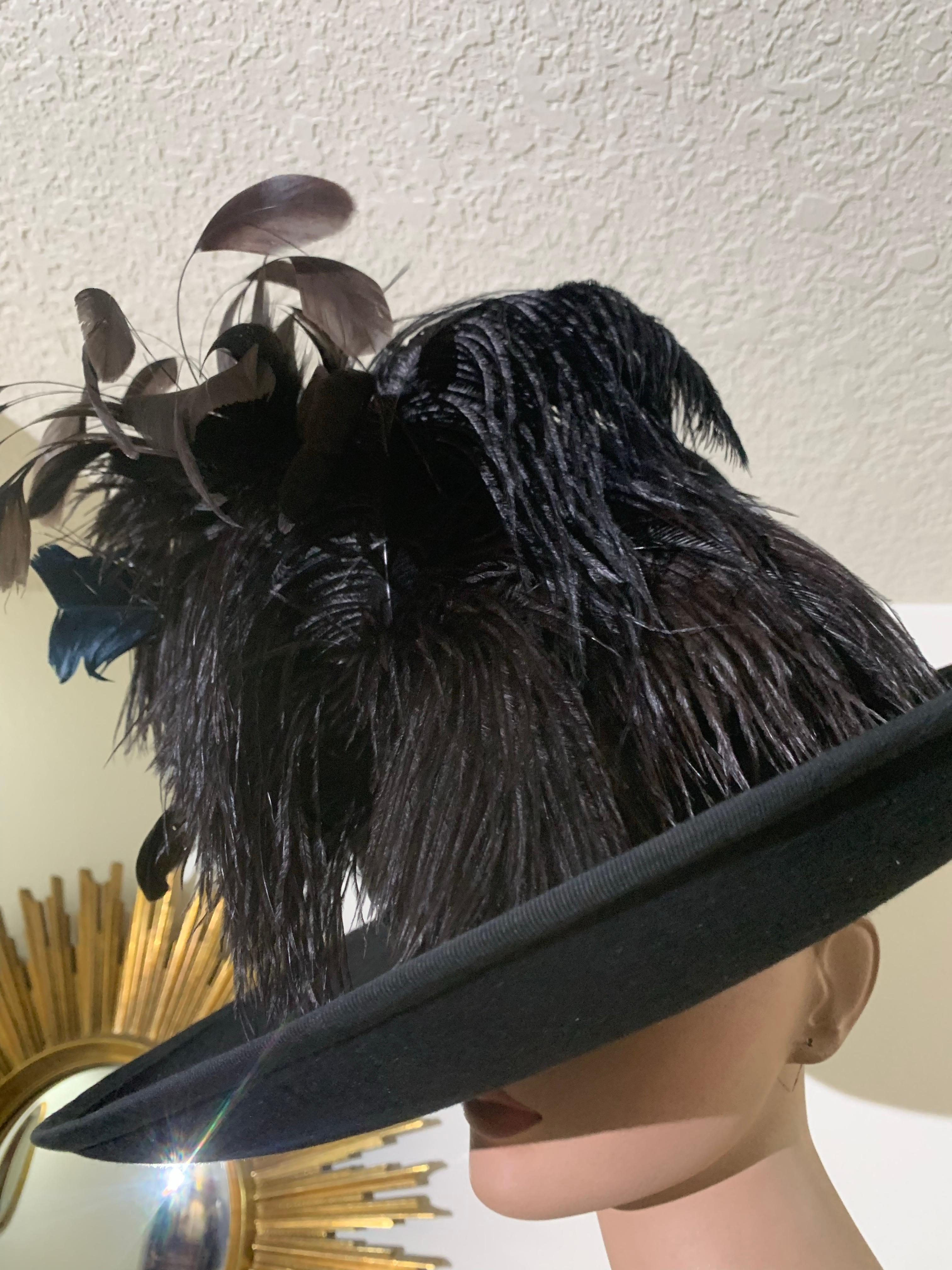 Maison Michel Black Fur Felt Wide Brimmed Fedora Hat w Braid Band & Feather For Sale 8