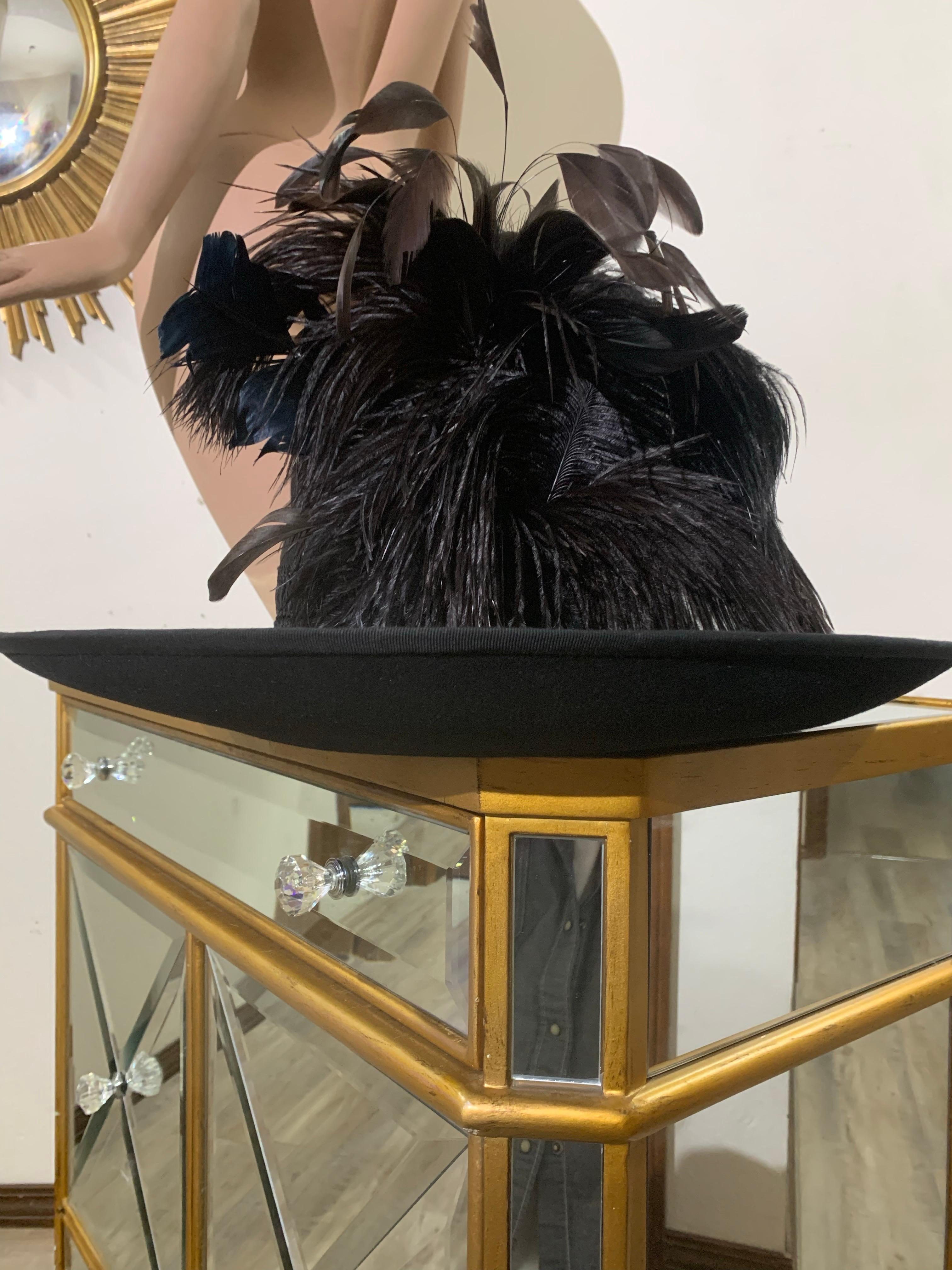 Maison Michel Black Fur Felt Wide Brimmed Fedora Hat w Braid Band & Feather For Sale 9