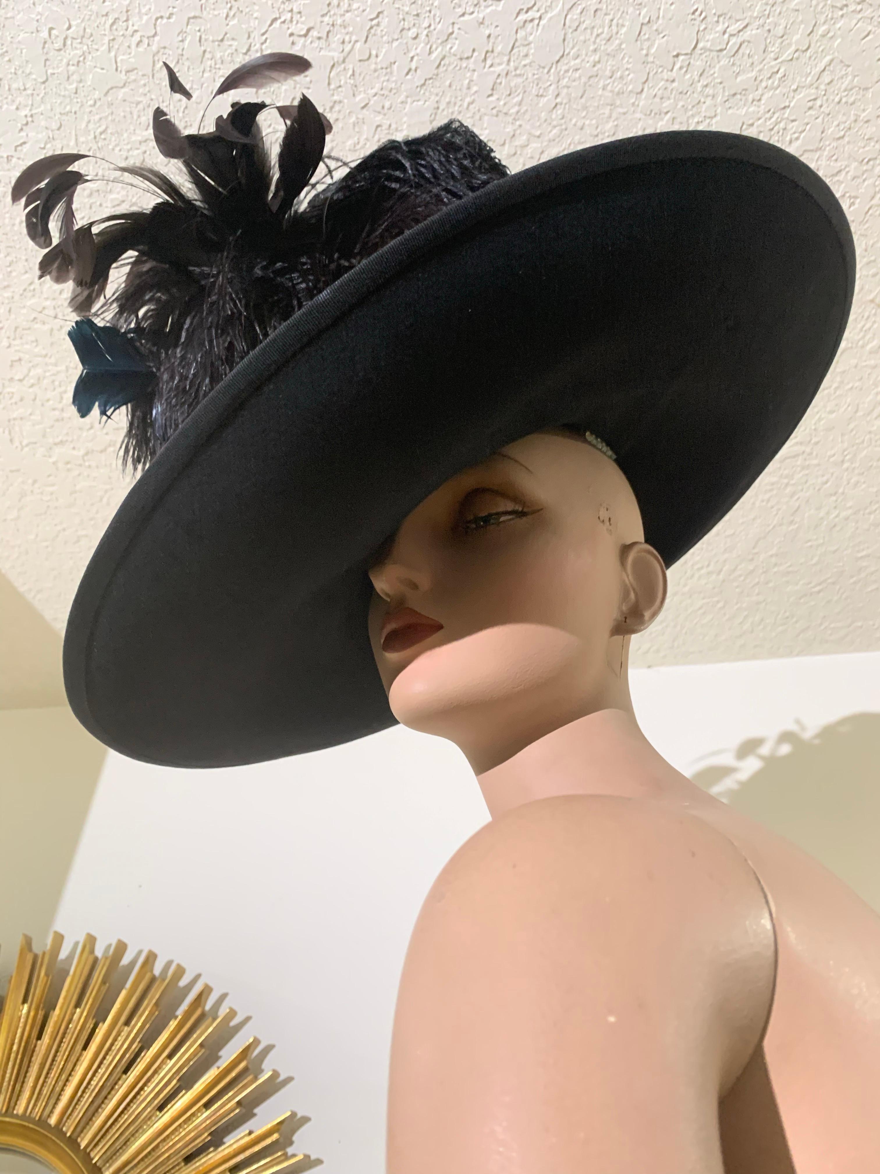 Maison Michel Black Fur Felt Wide Brimmed Fedora Hat w Braid Band & Feather In Excellent Condition For Sale In Gresham, OR