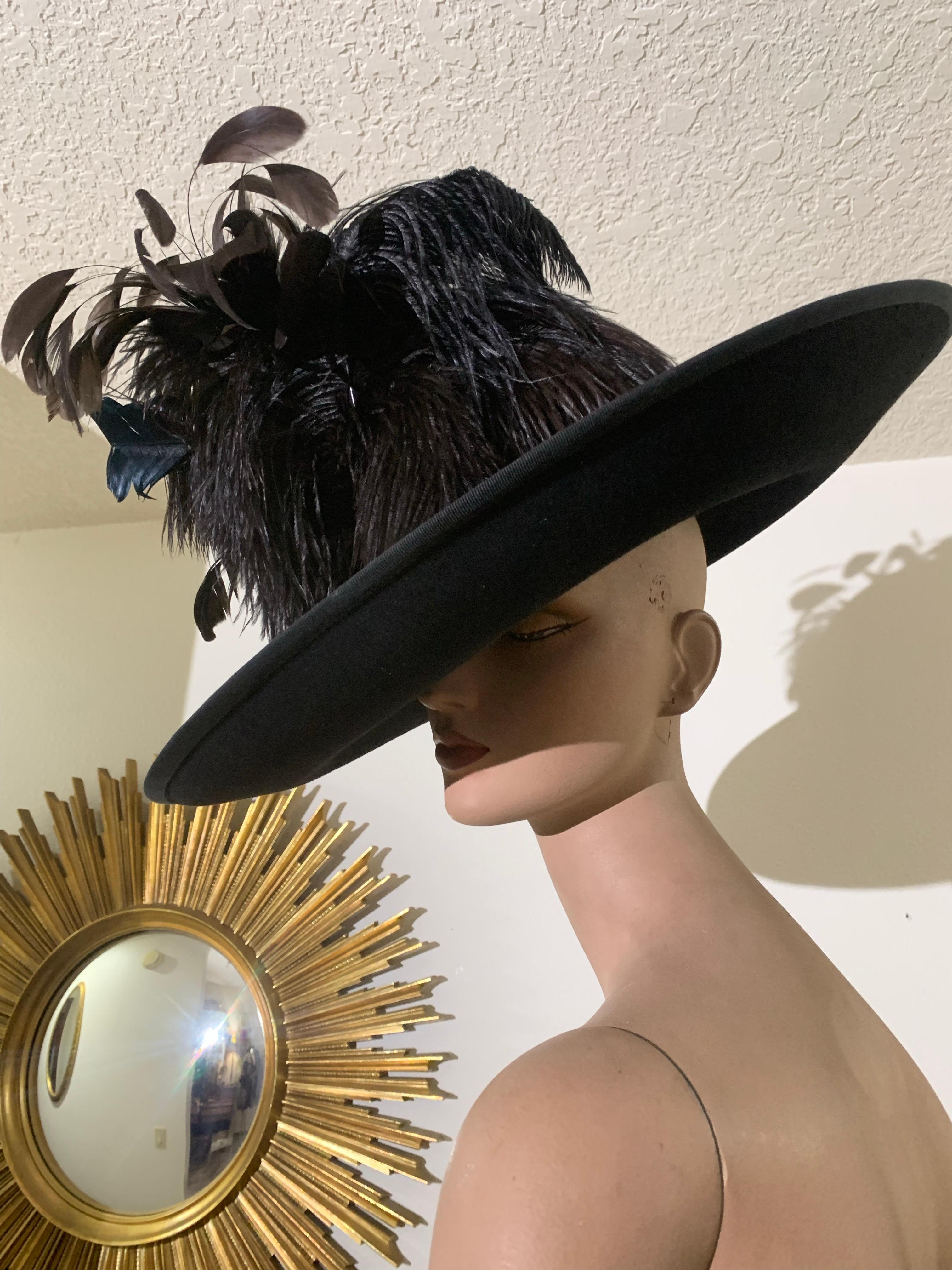Women's Maison Michel Black Fur Felt Wide Brimmed Fedora Hat w Braid Band & Feather For Sale