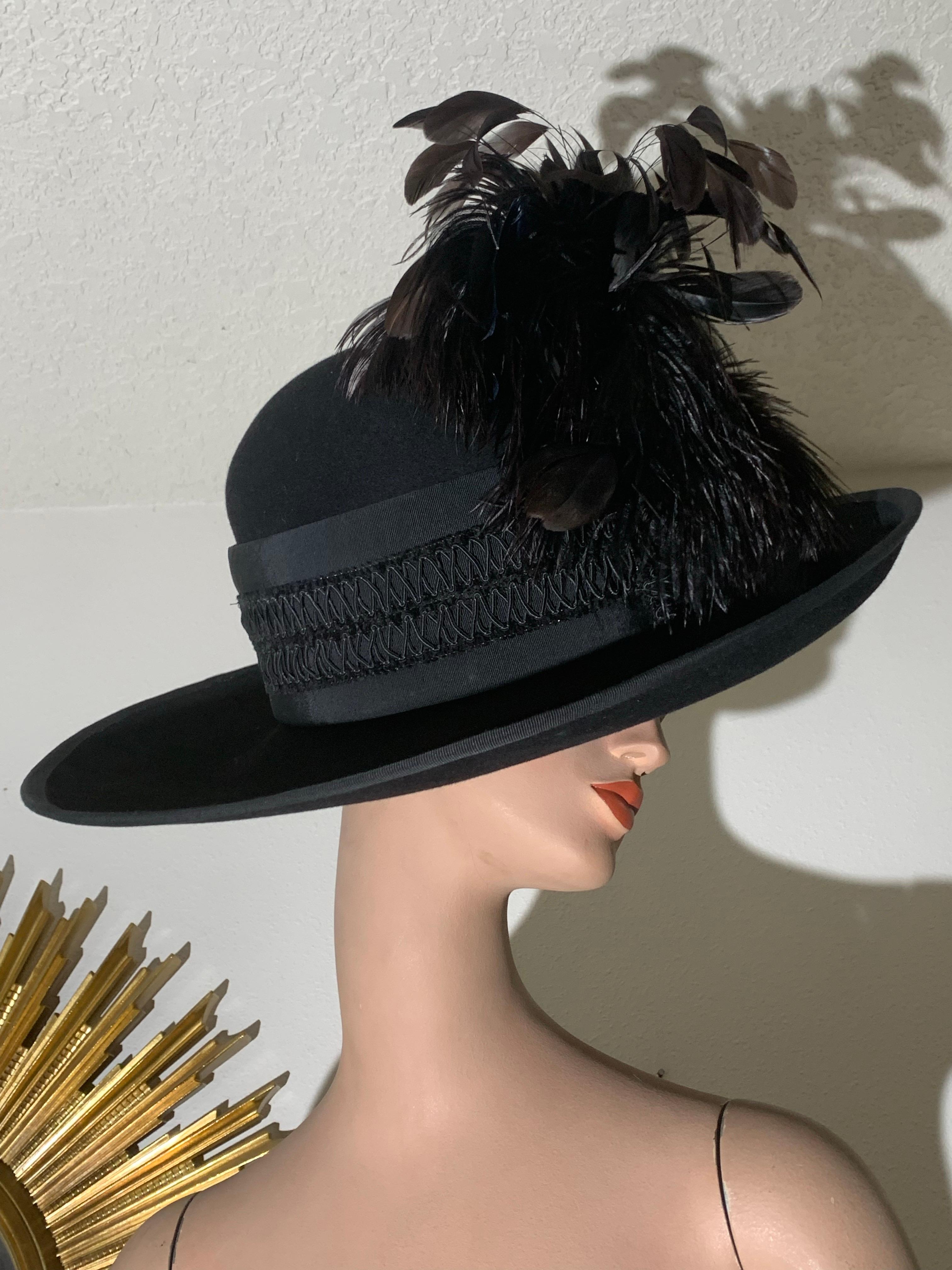Maison Michel Black Fur Felt Wide Brimmed Fedora Hat w Braid Band & Feather For Sale 1