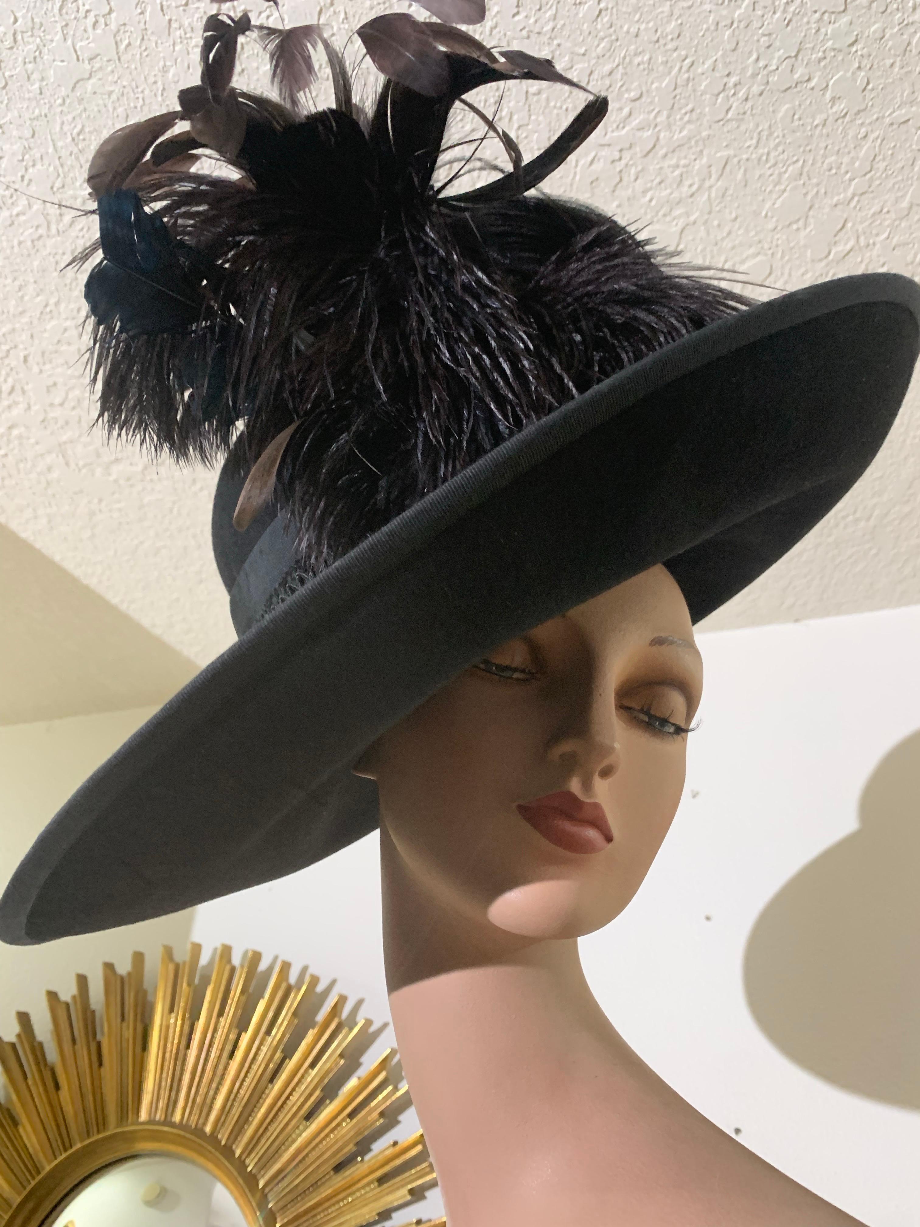 Maison Michel Black Fur Felt Wide Brimmed Fedora Hat w Braid Band & Feather For Sale 2