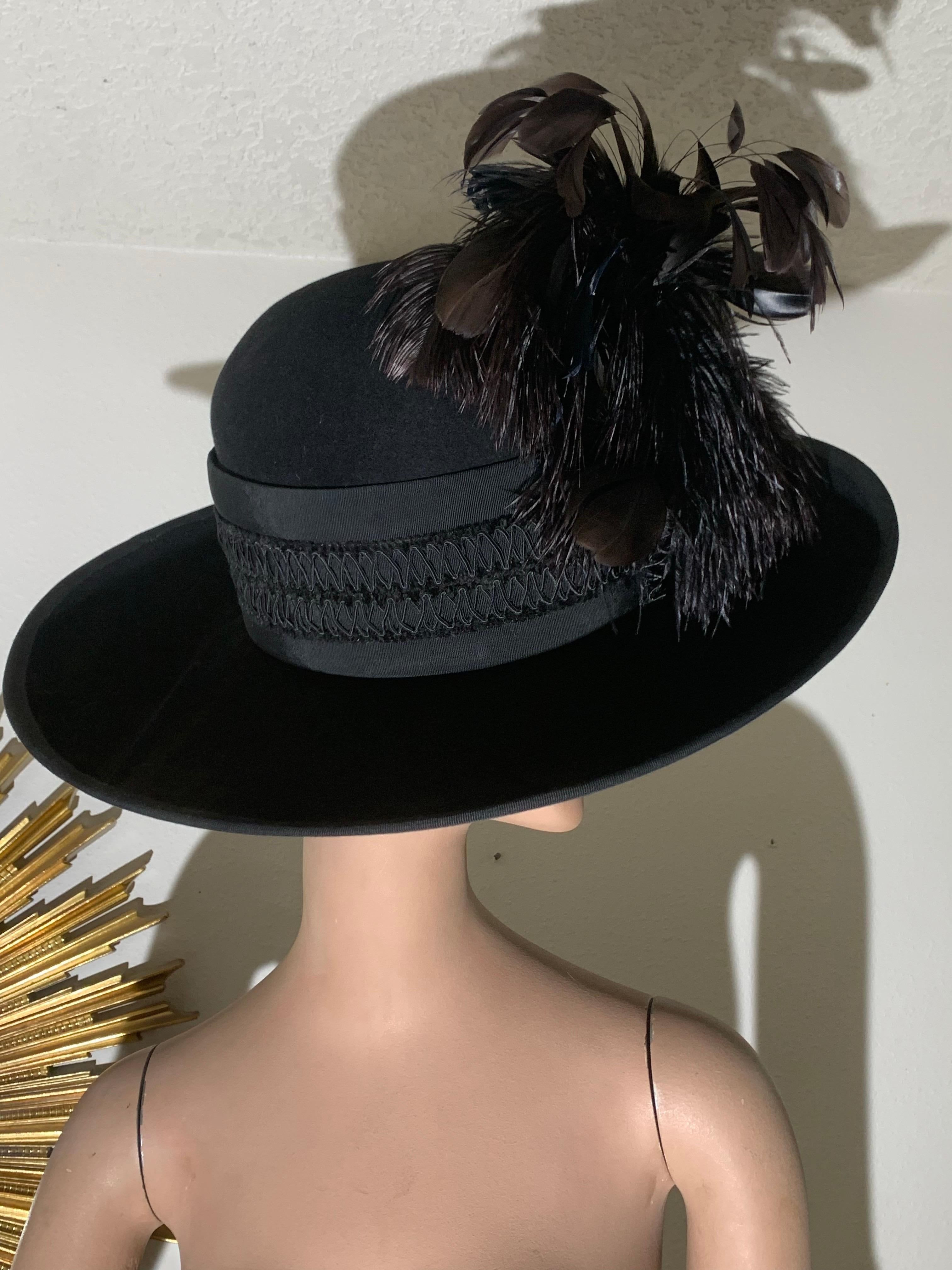 Maison Michel Black Fur Felt Wide Brimmed Fedora Hat w Braid Band & Feather For Sale 3