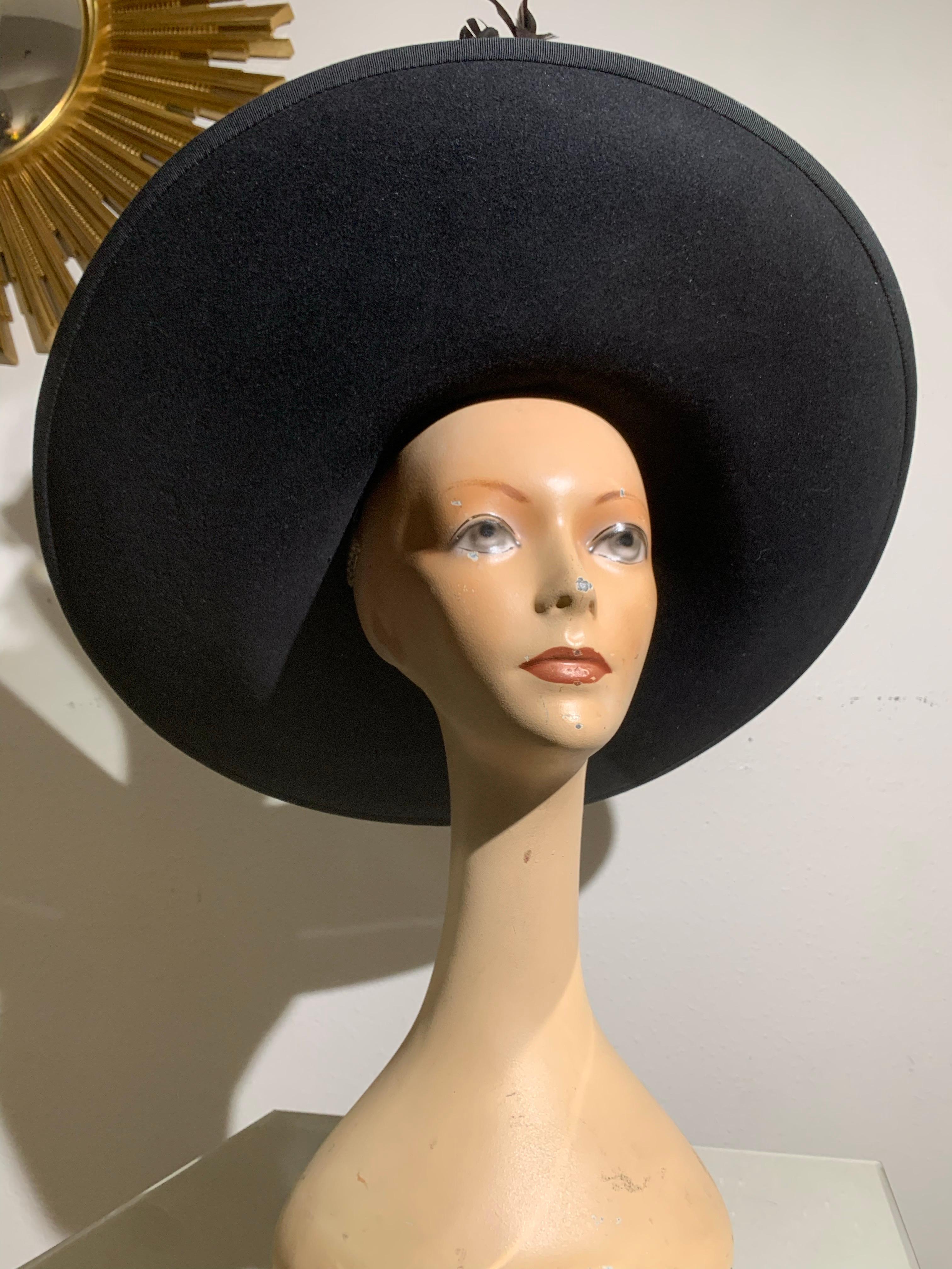 Maison Michel Black Fur Felt Wide Brimmed Fedora Hat w Braid Band & Feather For Sale 4