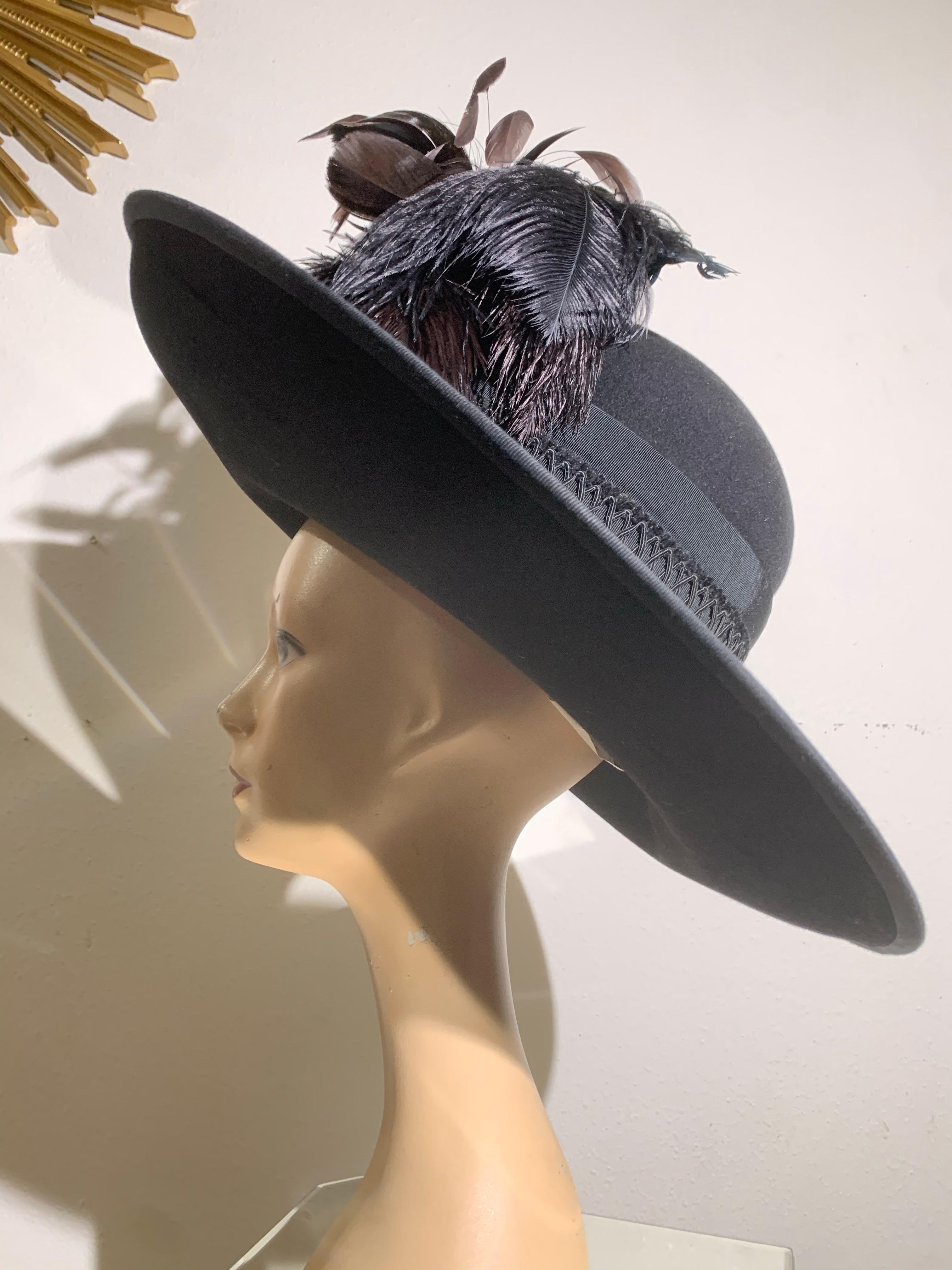 Maison Michel Black Fur Felt Wide Brimmed Fedora Hat w Braid Band & Feather For Sale 5