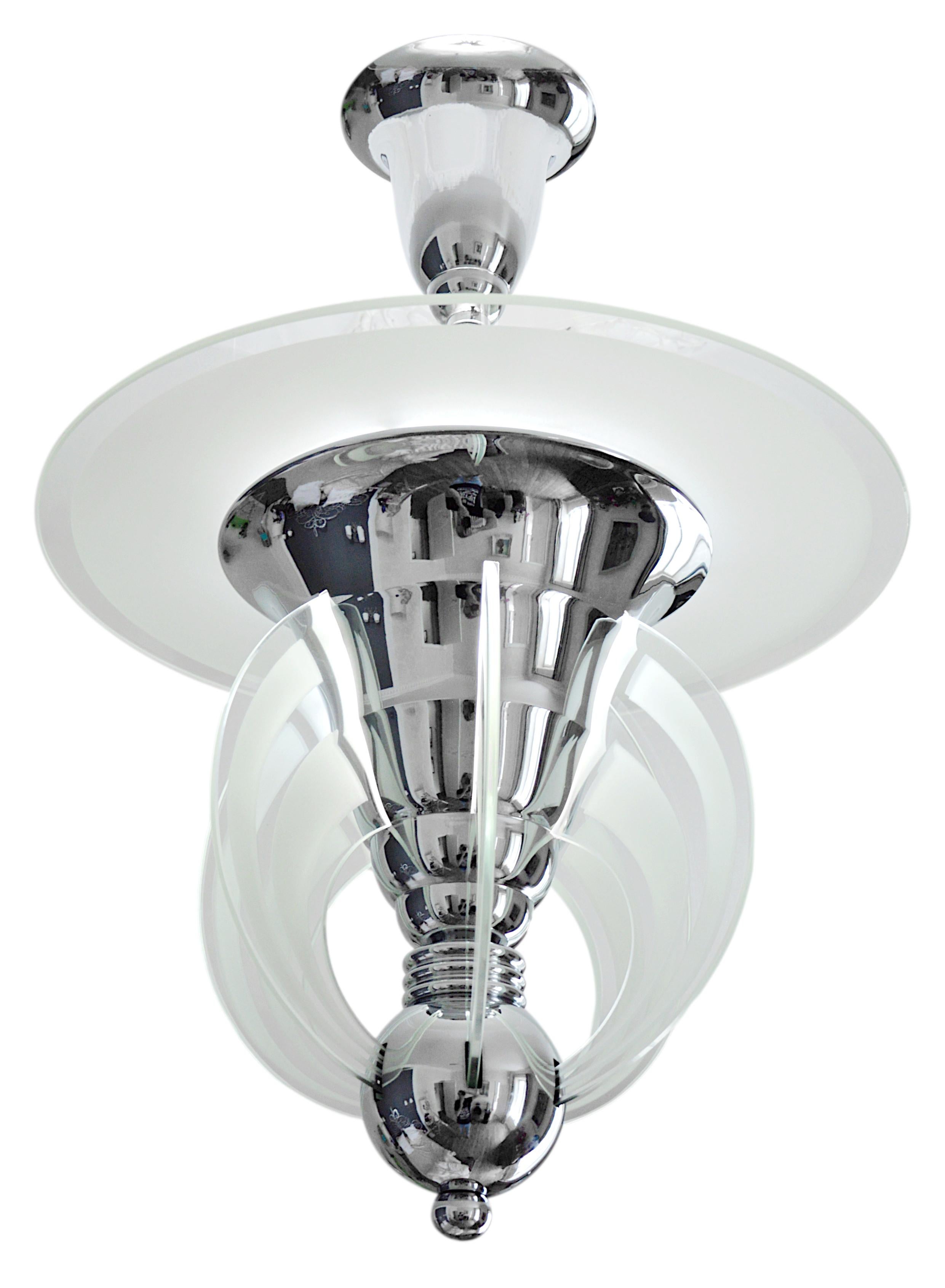 Frosted Maison Petitot French Art Deco Modernist Chandelier, 1930 For Sale