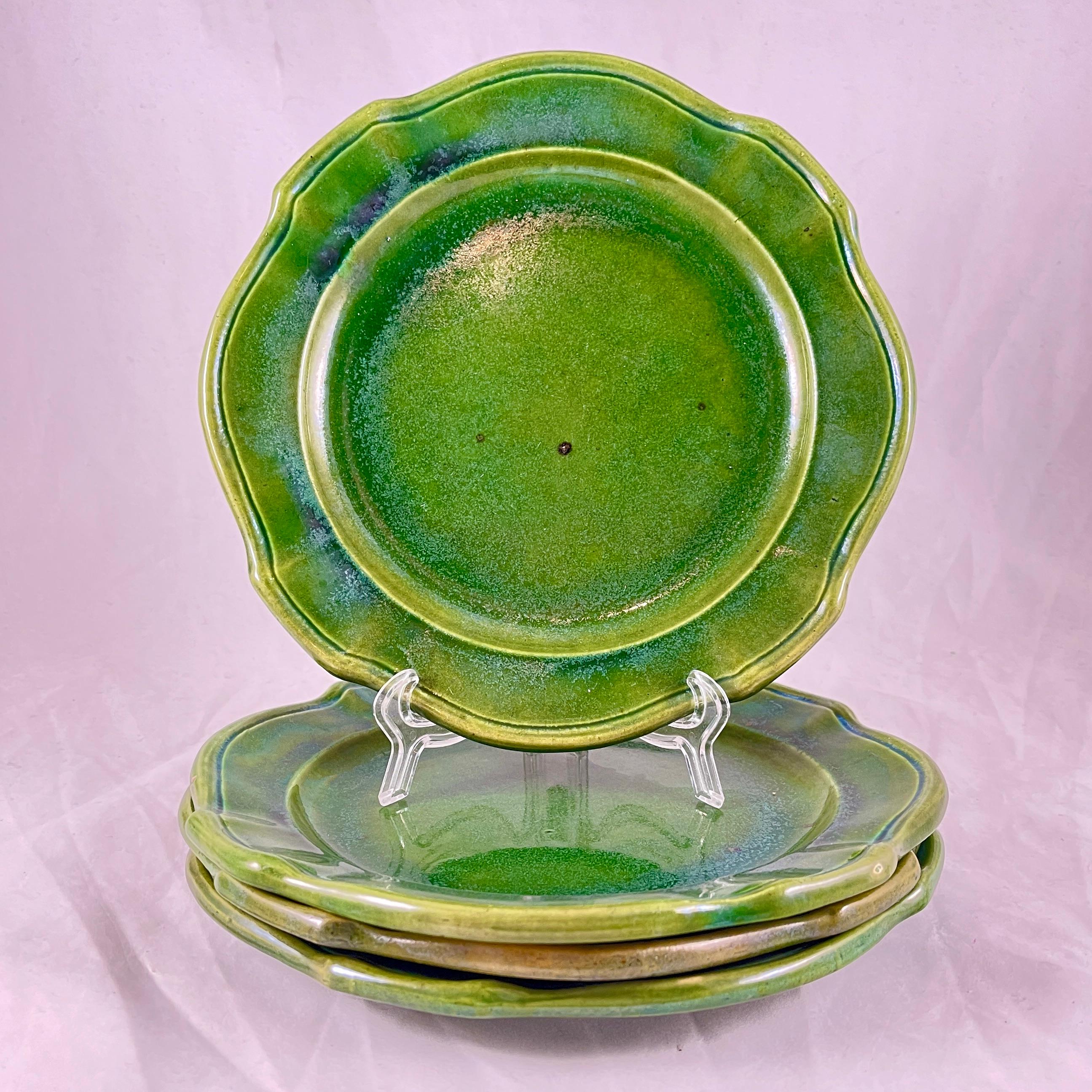 Glazed Maison Pichon a Uzes Olive Green Rustic French Faïence Plates, S/4