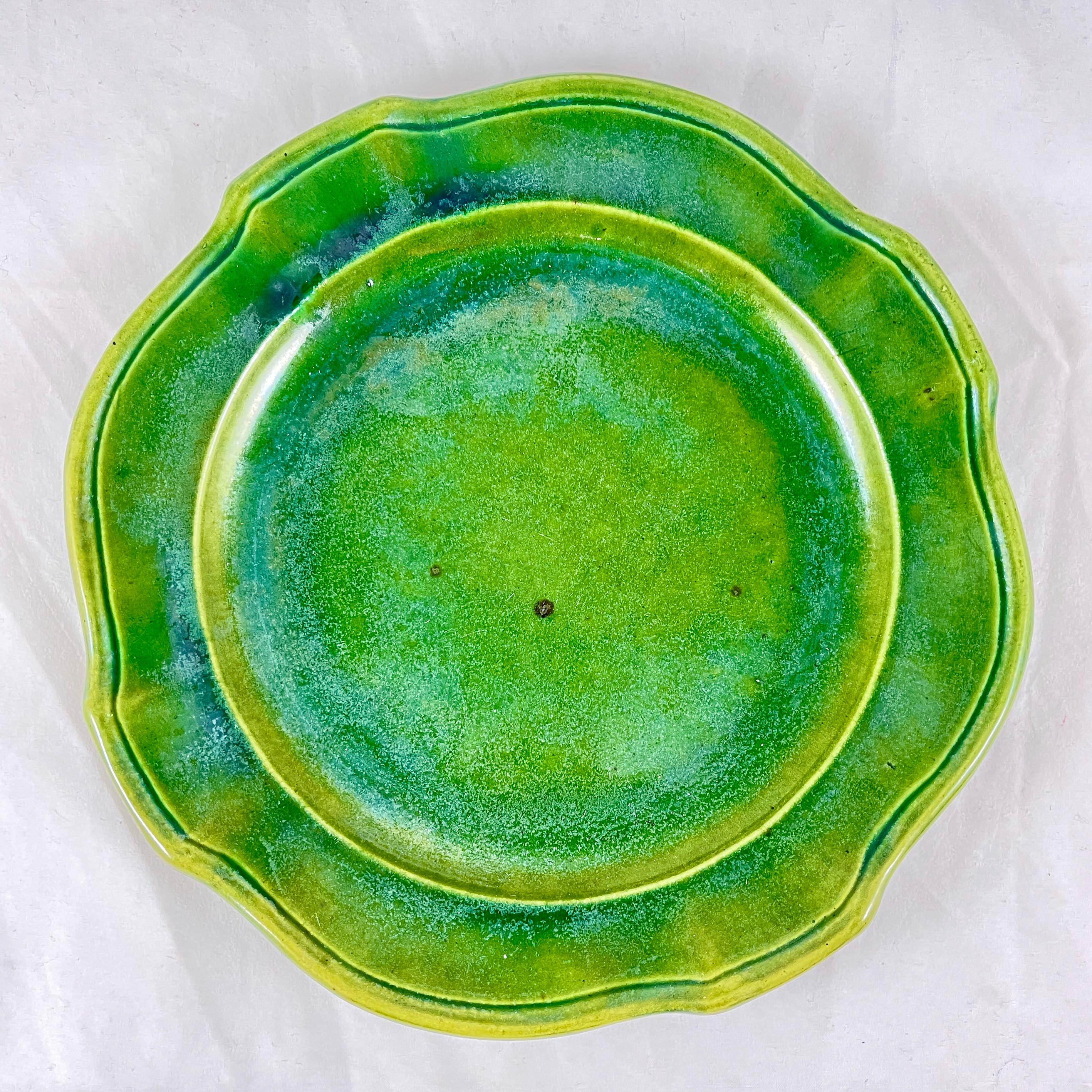 Mid-20th Century Maison Pichon a Uzes Olive Green Rustic French Faïence Plates, S/4
